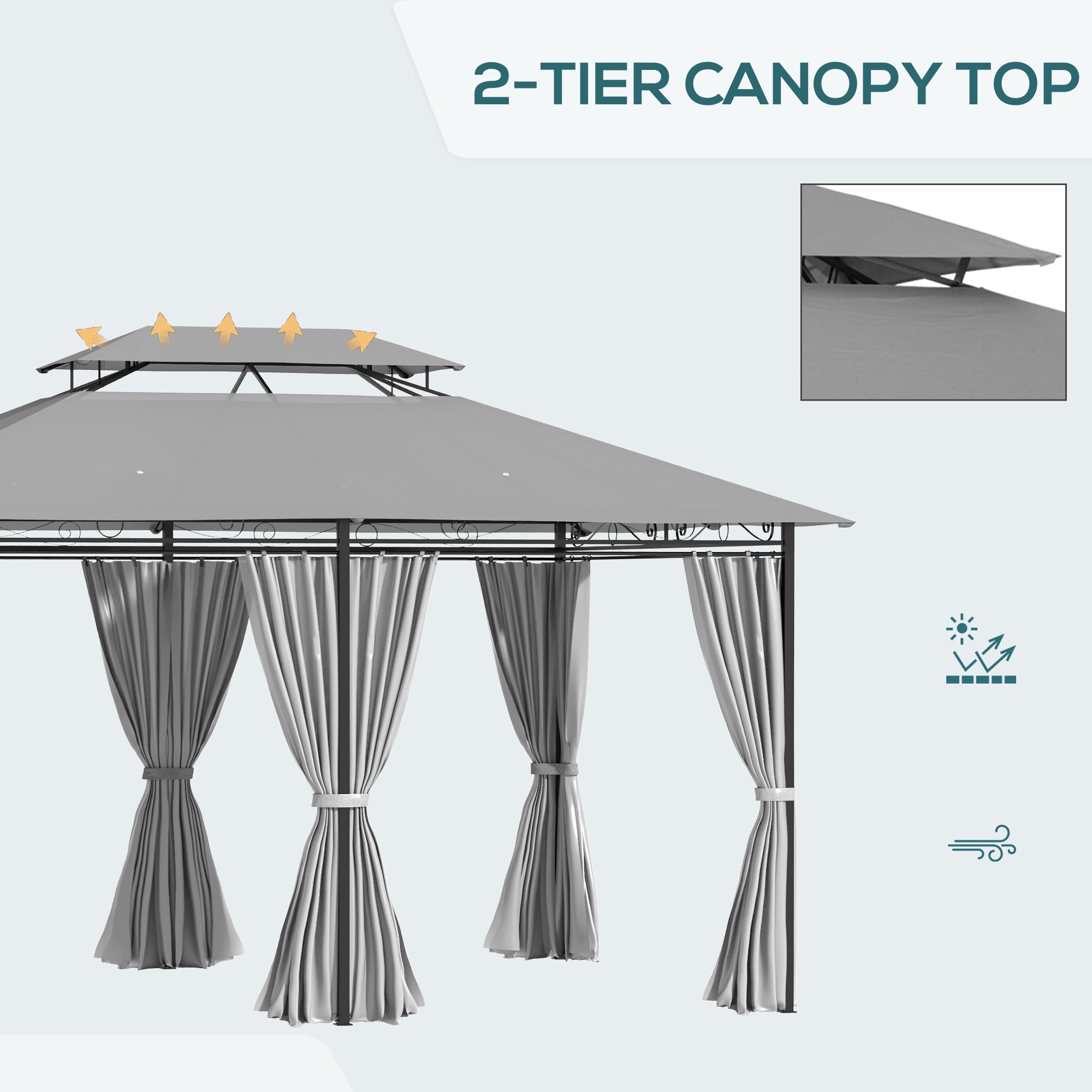 10' x 13' Patio Gazebo, Dark Grey 2-Tier Canopy Shelter with Curtains-DECOROLALA