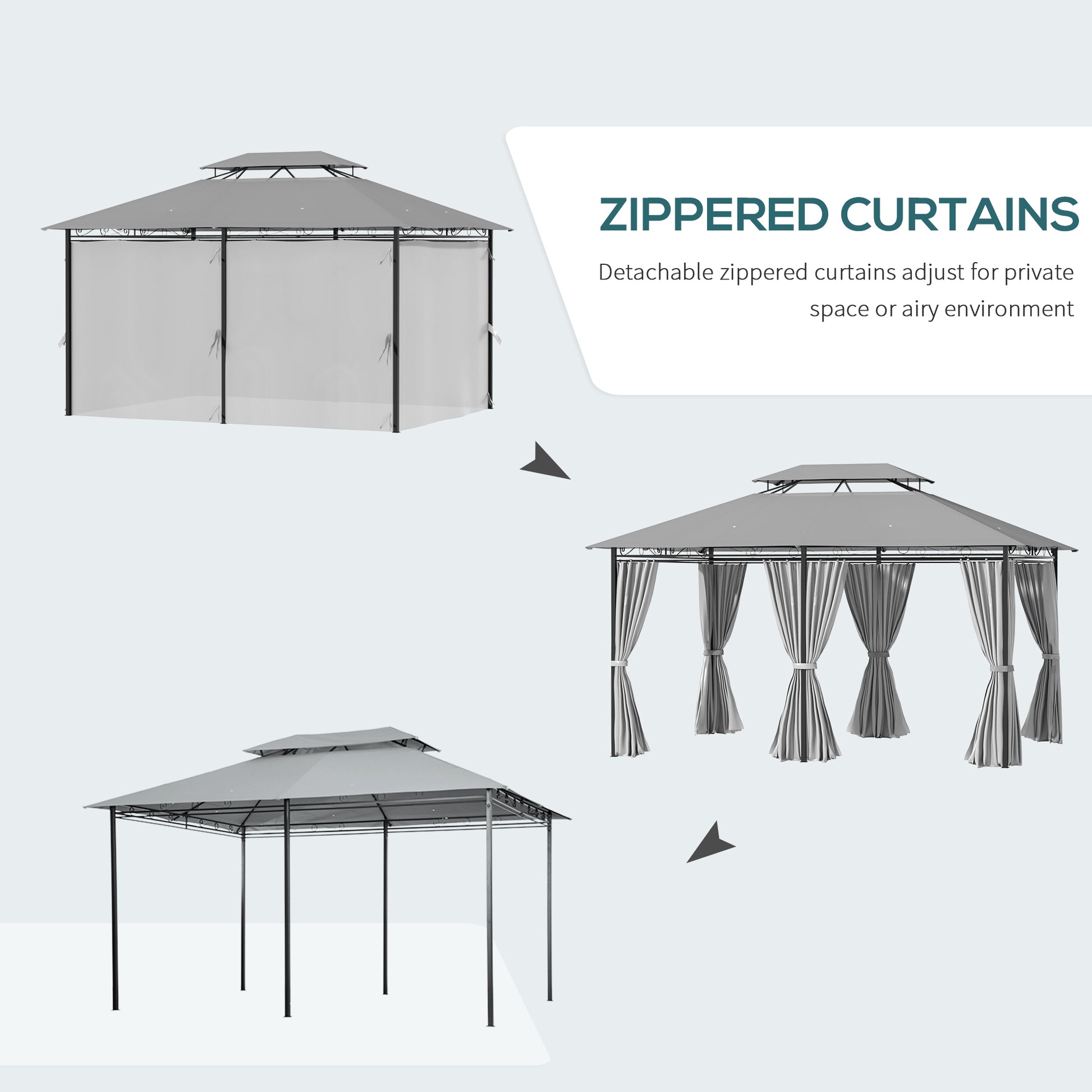10' x 13' Patio Gazebo, Dark Grey 2-Tier Canopy Shelter with Curtains-DECOROLALA