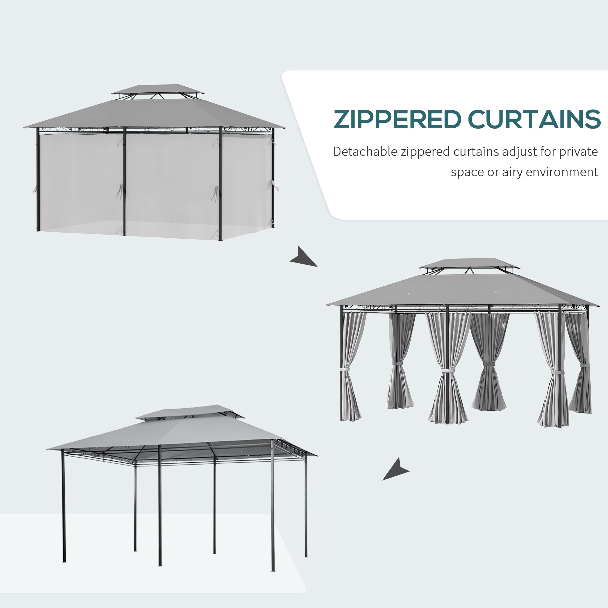 10' x 13' Patio Gazebo, Dark Grey 2-Tier Canopy Shelter with Curtains-DECOROLALA