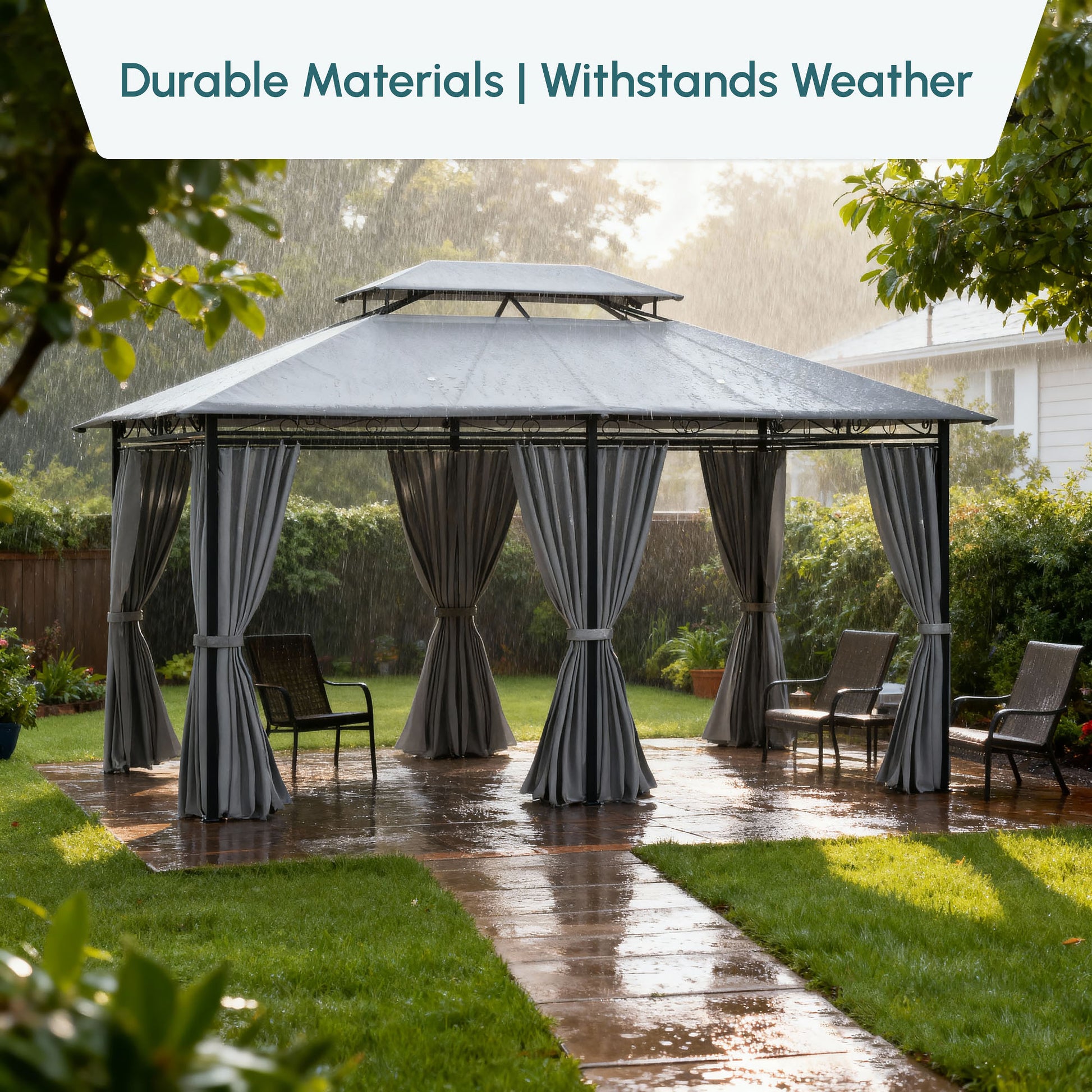 10' x 13' Patio Gazebo, Dark Grey 2-Tier Canopy Shelter with Curtains-DECOROLALA