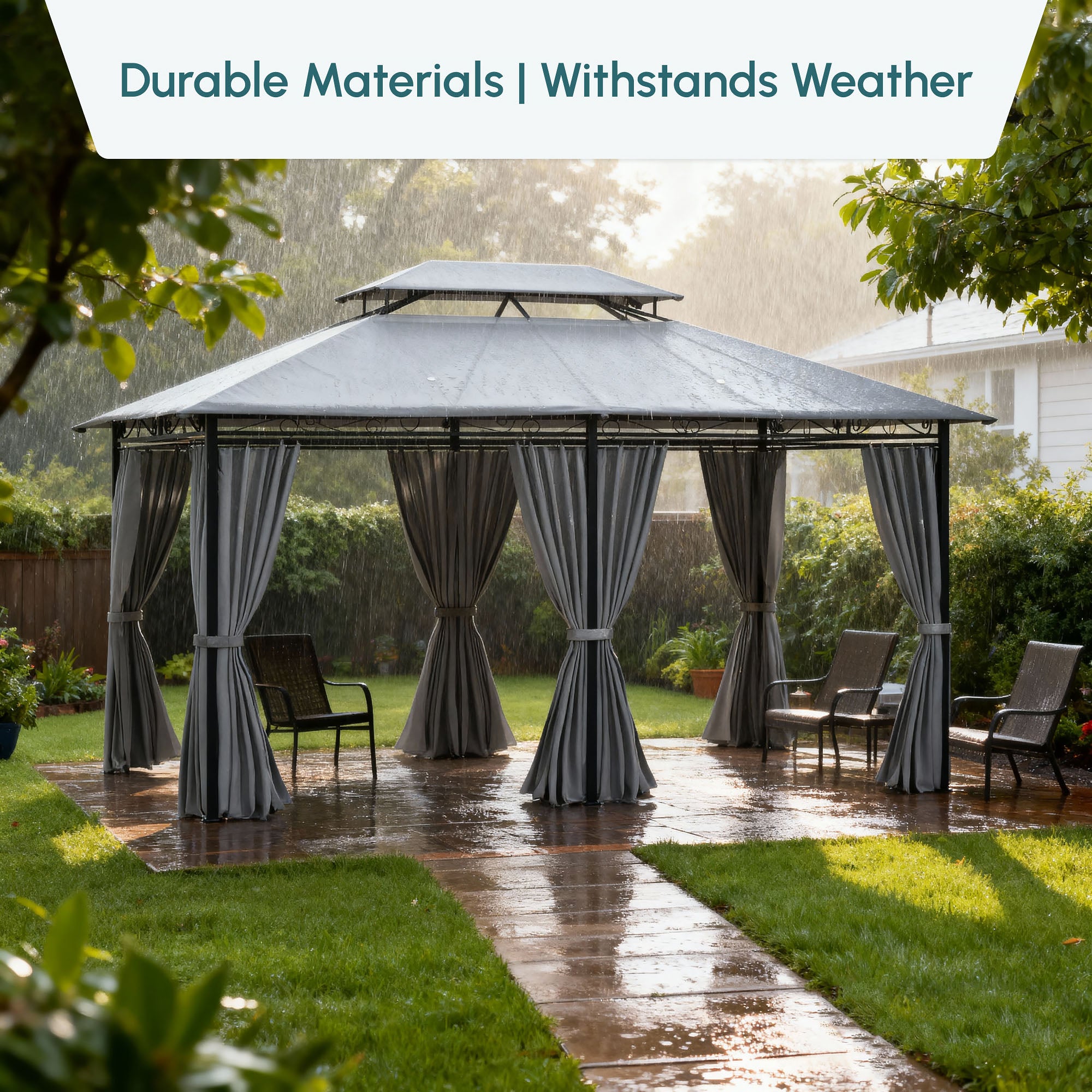 10' x 13' Patio Gazebo, Dark Grey 2-Tier Canopy Shelter with Curtains-DECOROLALA