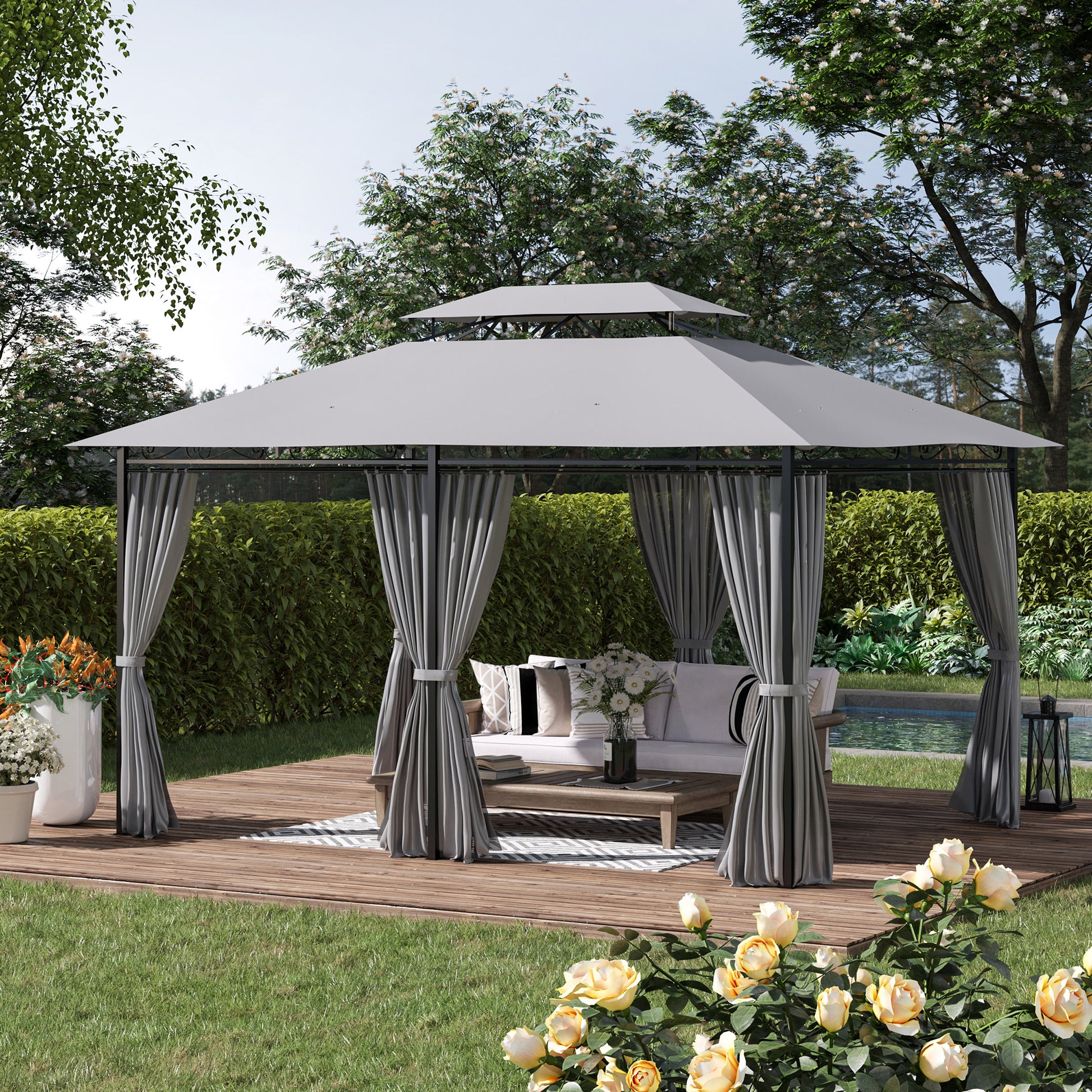 10' x 13' Patio Gazebo, Dark Grey 2-Tier Canopy Shelter with Curtains-DECOROLALA