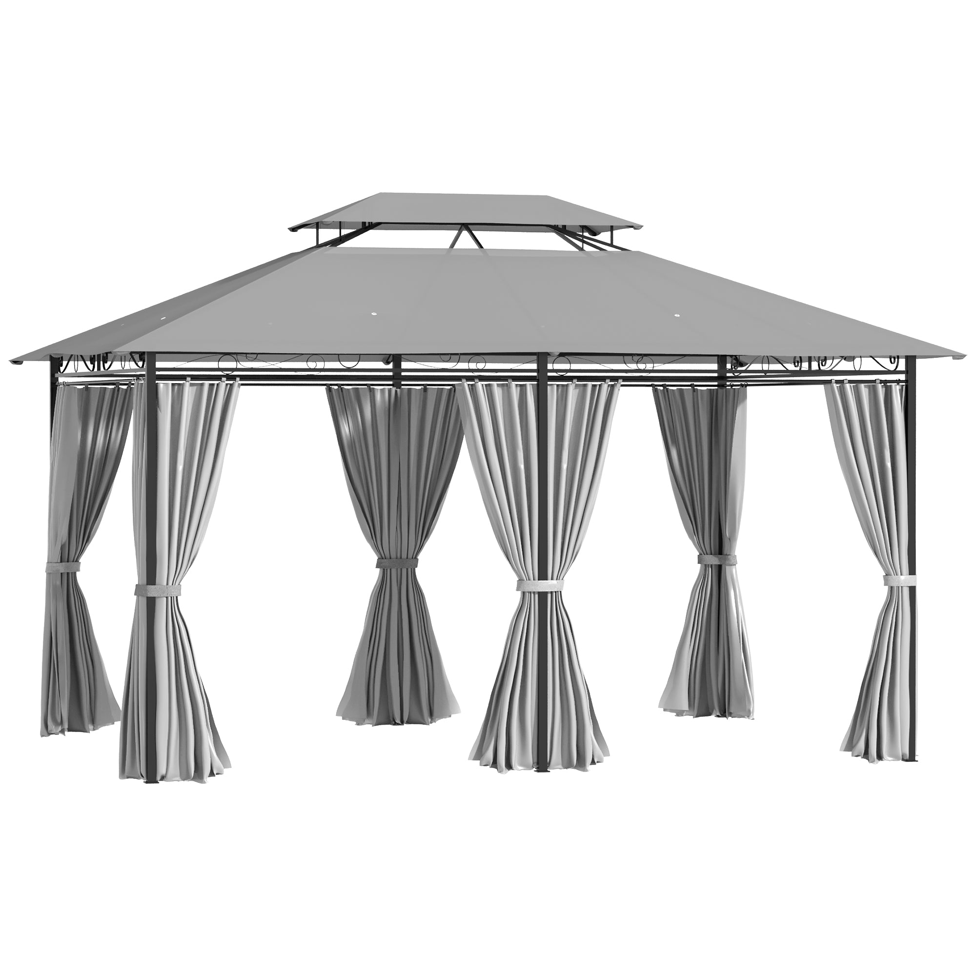10' x 13' Patio Gazebo, Dark Grey 2-Tier Canopy Shelter with Curtains-DECOROLALA