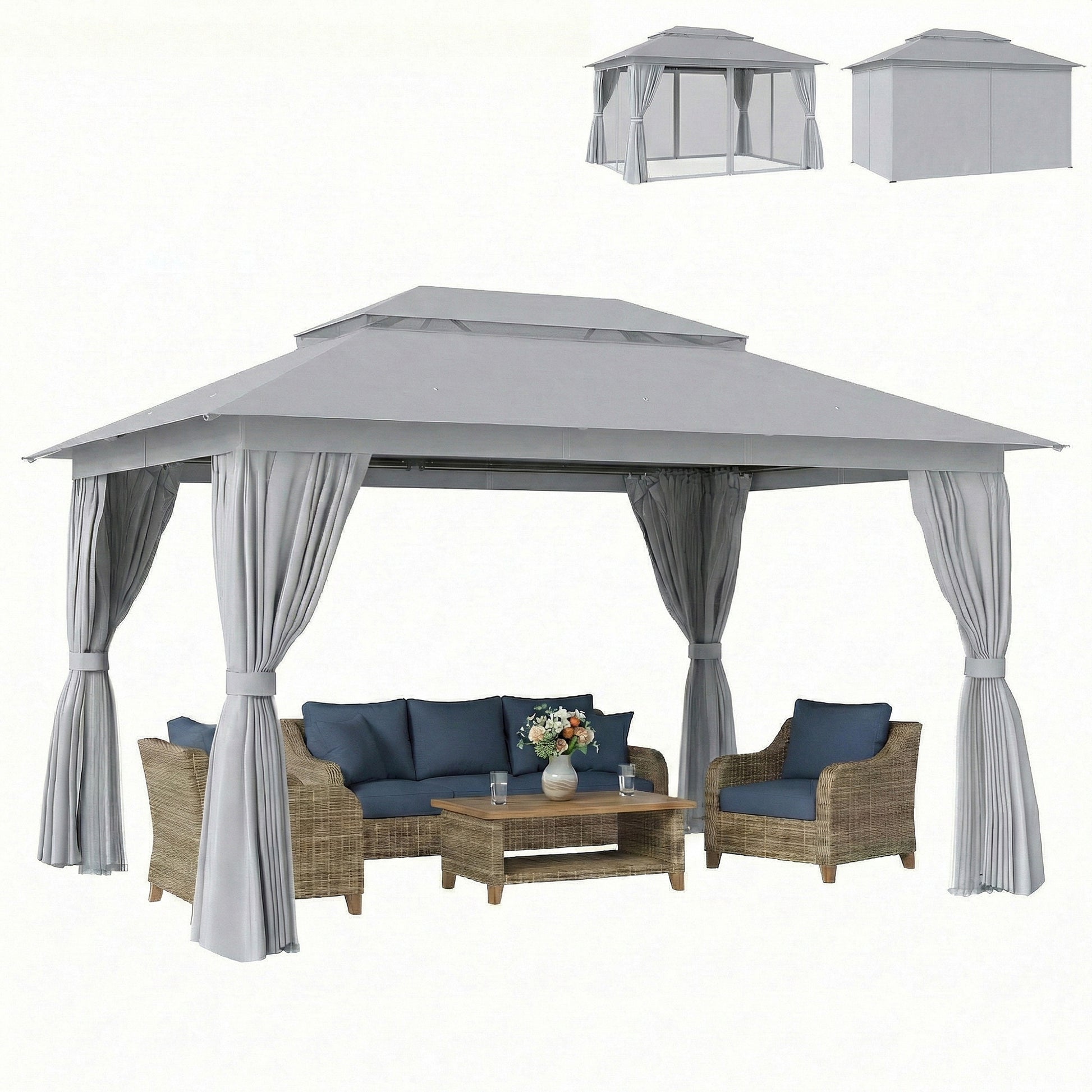 10' x 13' Patio Gazebo - UPF50+ Double Roof Dark Grey-DECOROLALA