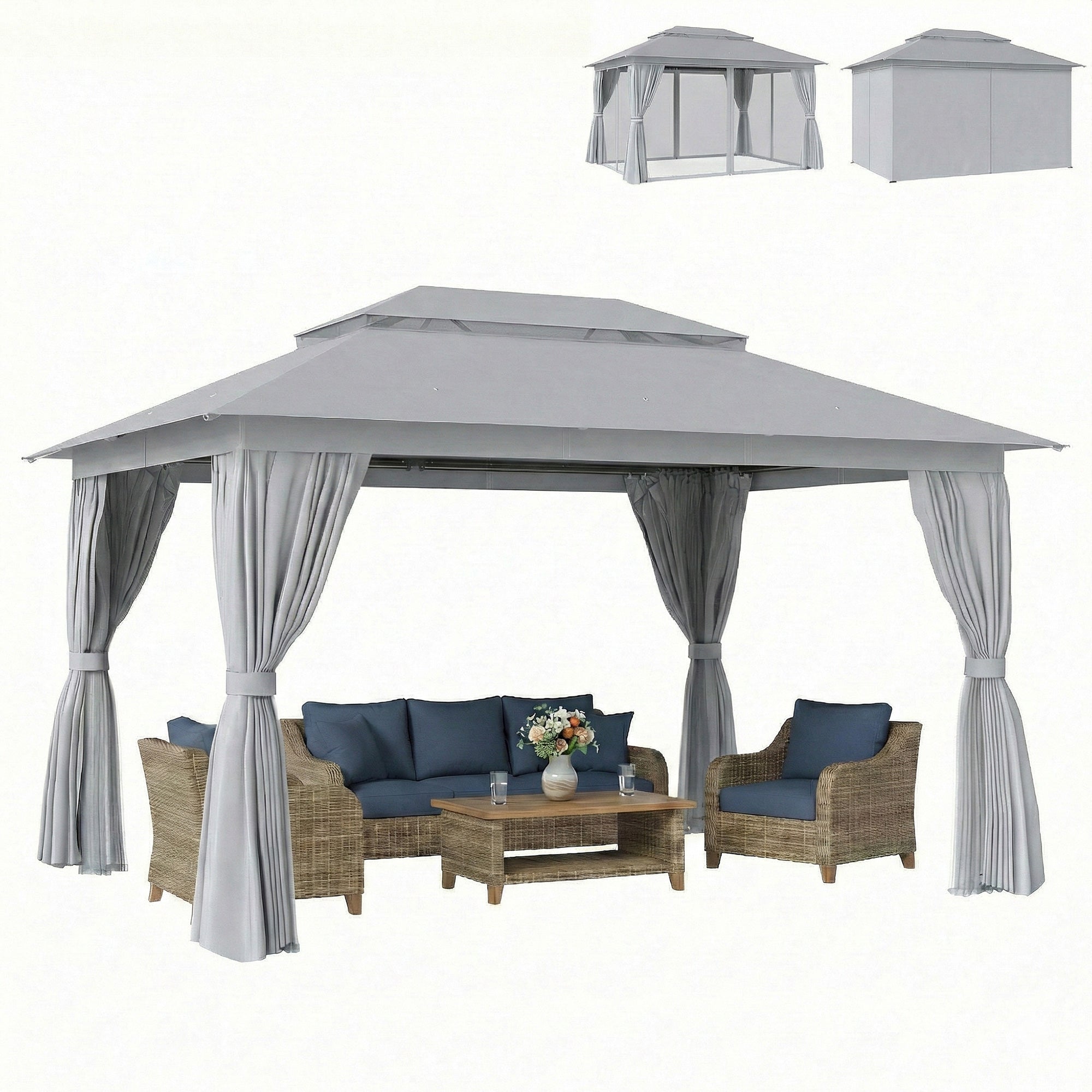 10' x 13' Patio Gazebo - UPF50+ Double Roof Dark Grey-DECOROLALA