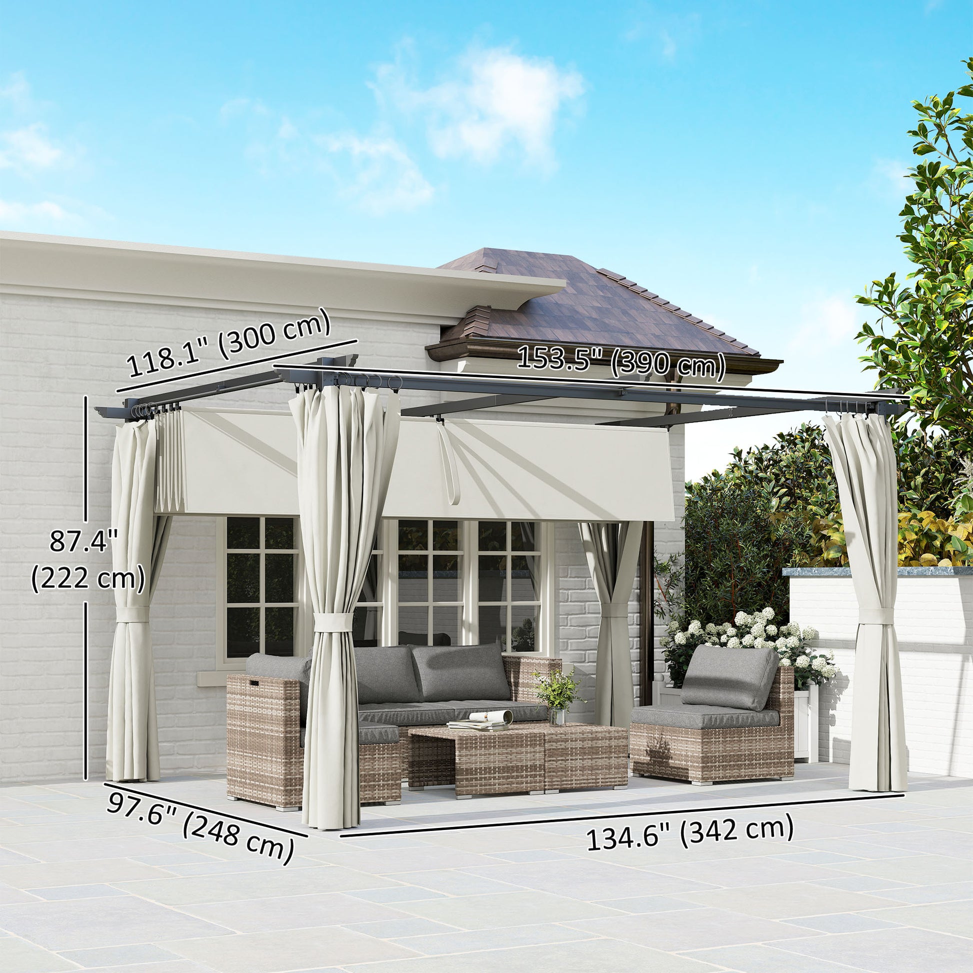 10' x 13' Pergola with Retractable Canopy - Cream White-DECOROLALA