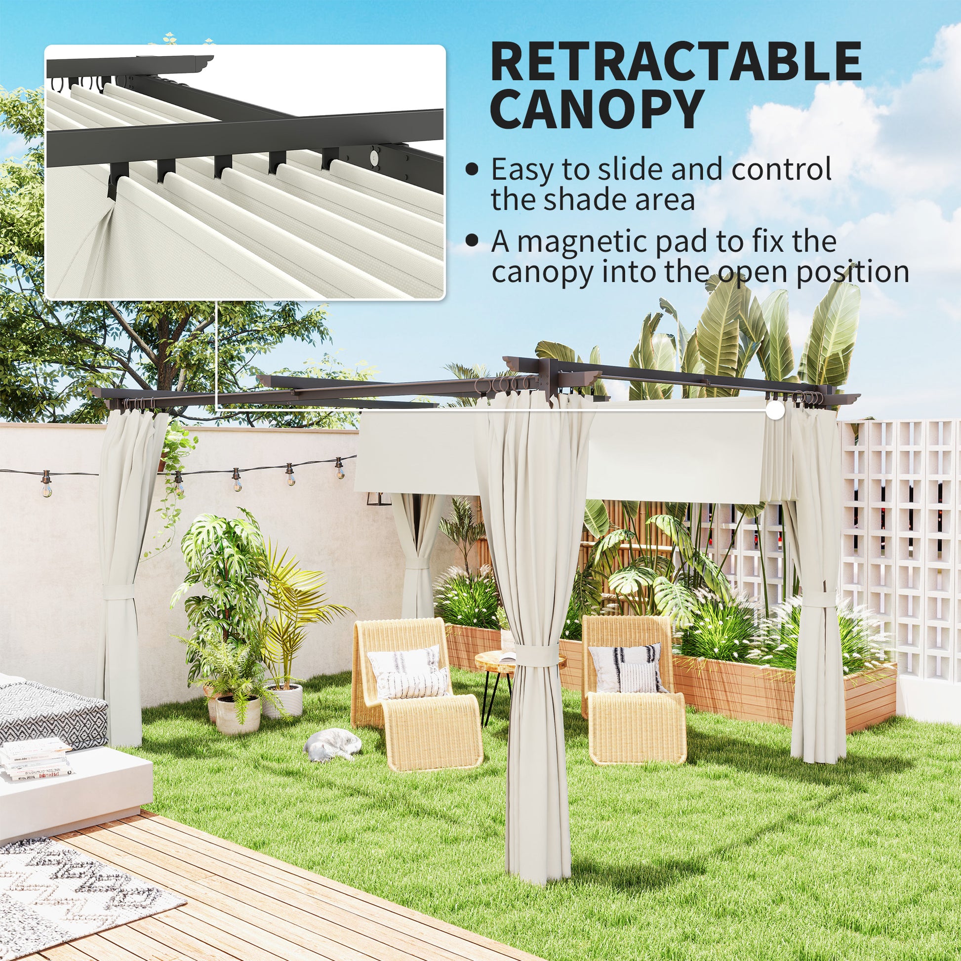 10' x 13' Pergola with Retractable Canopy - Cream White-DECOROLALA
