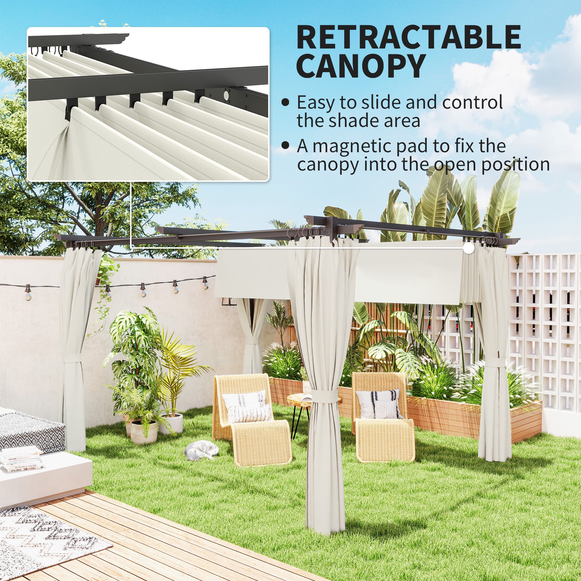 10' x 13' Pergola with Retractable Canopy - Cream White-DECOROLALA