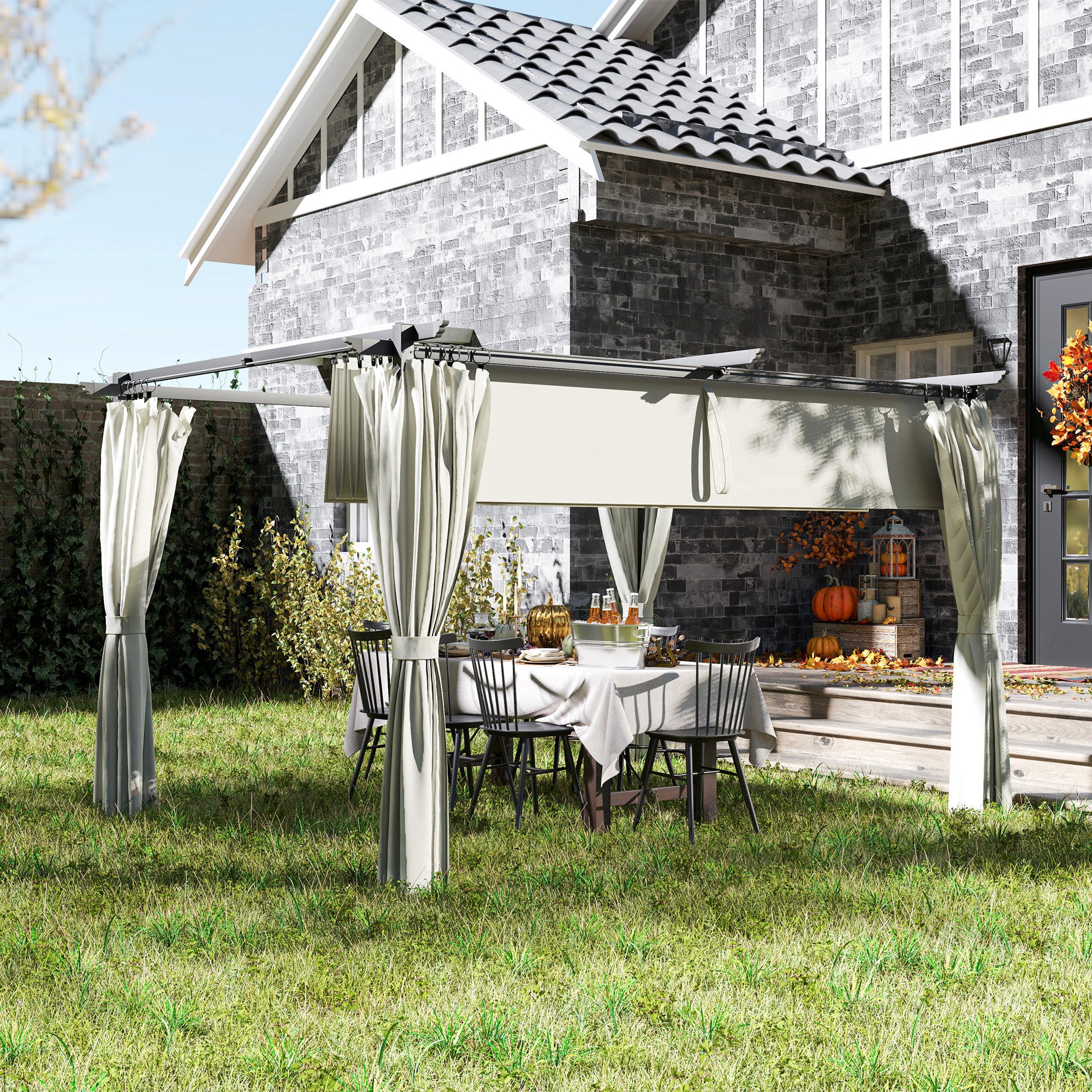 10' x 13' Pergola with Retractable Canopy - Cream White-DECOROLALA