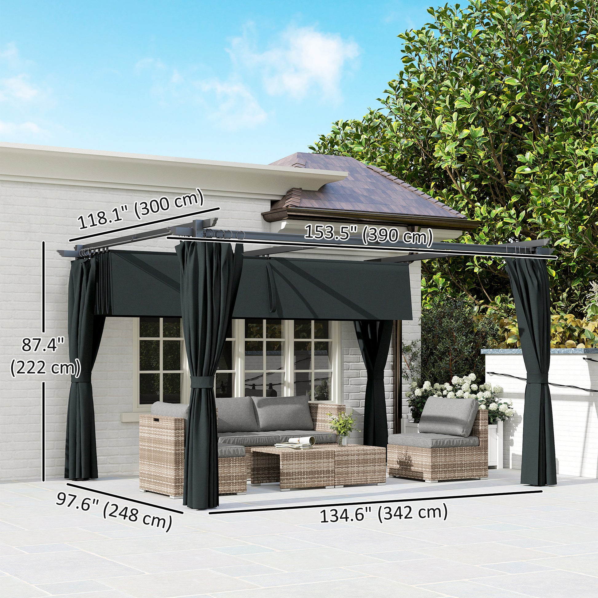 10' x 13' Pergola with Retractable Canopy - Dark Grey-DECOROLALA