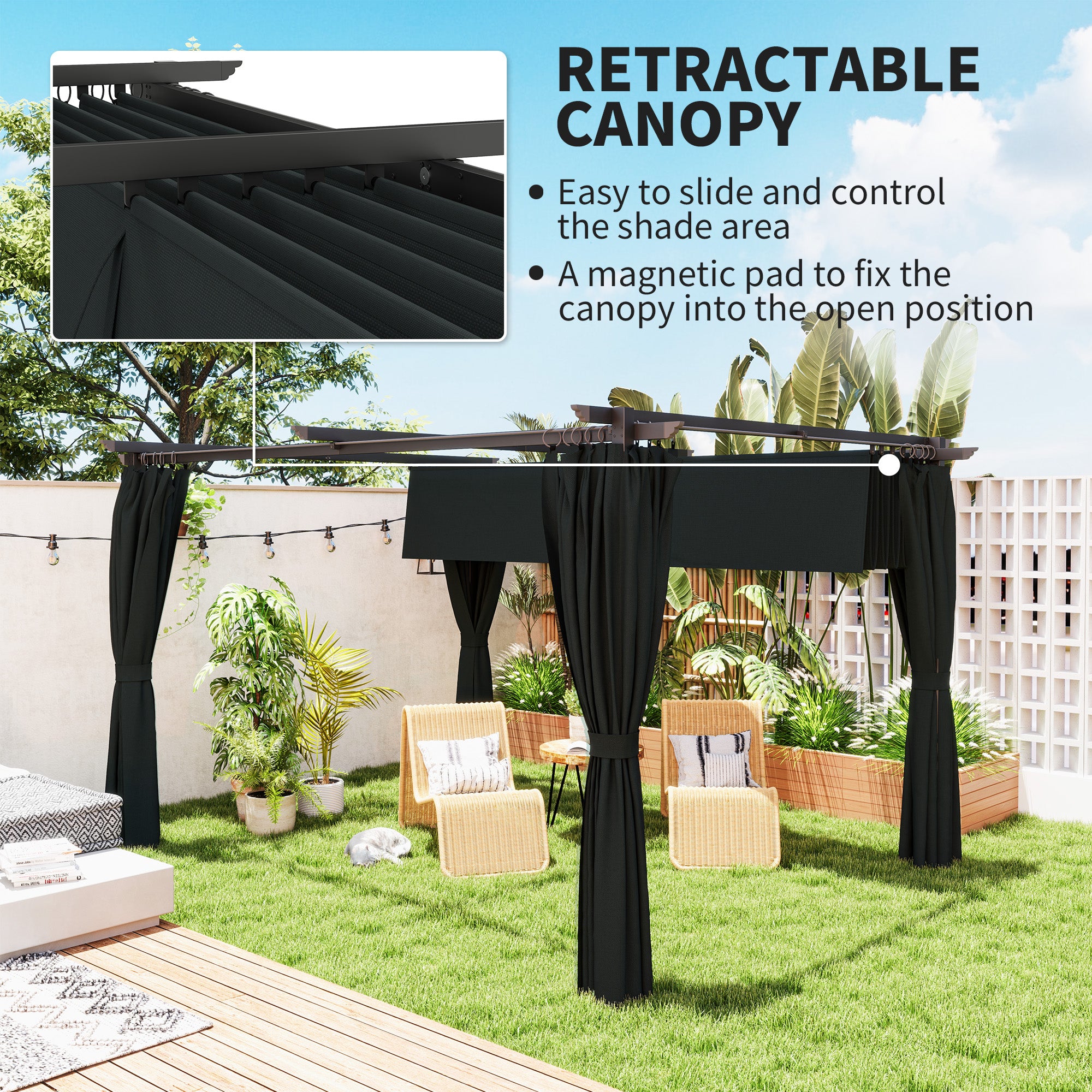 10' x 13' Pergola with Retractable Canopy - Dark Grey-DECOROLALA
