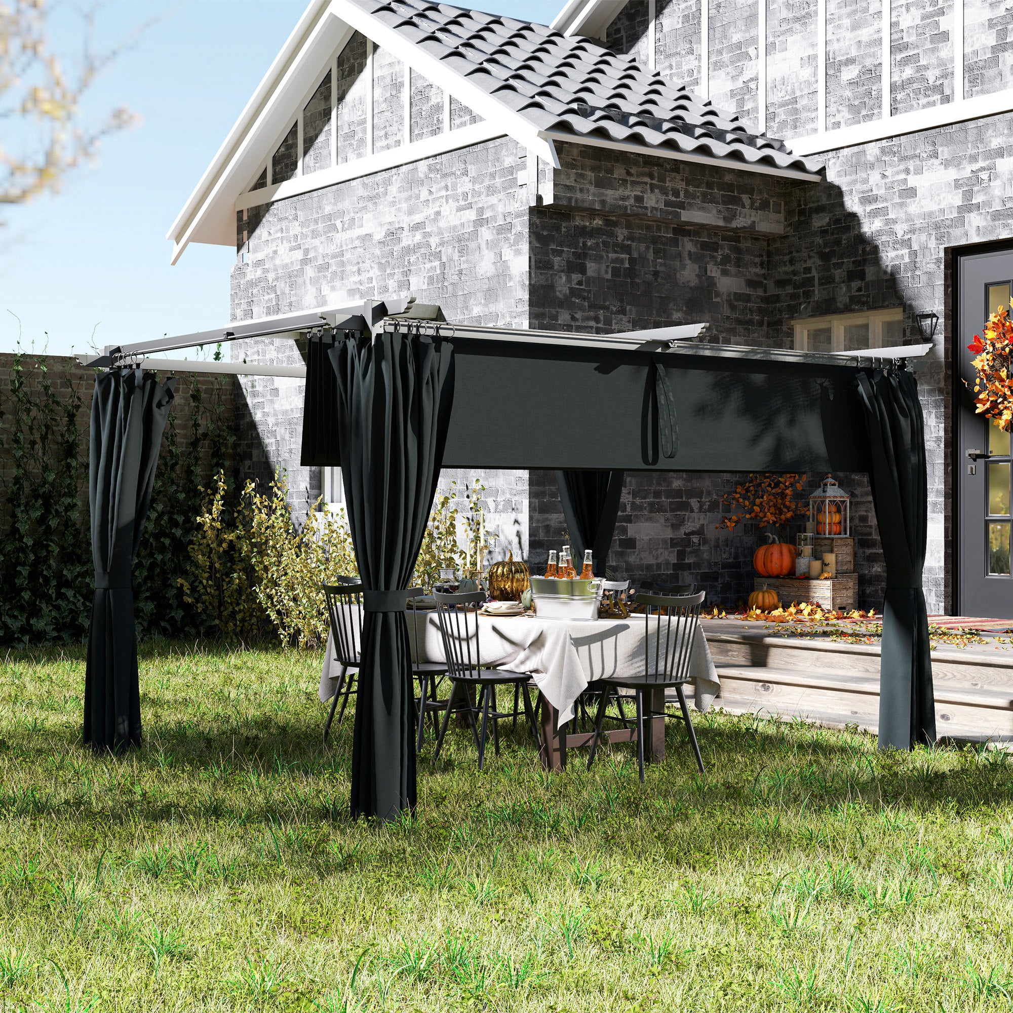 10' x 13' Pergola with Retractable Canopy - Dark Grey-DECOROLALA