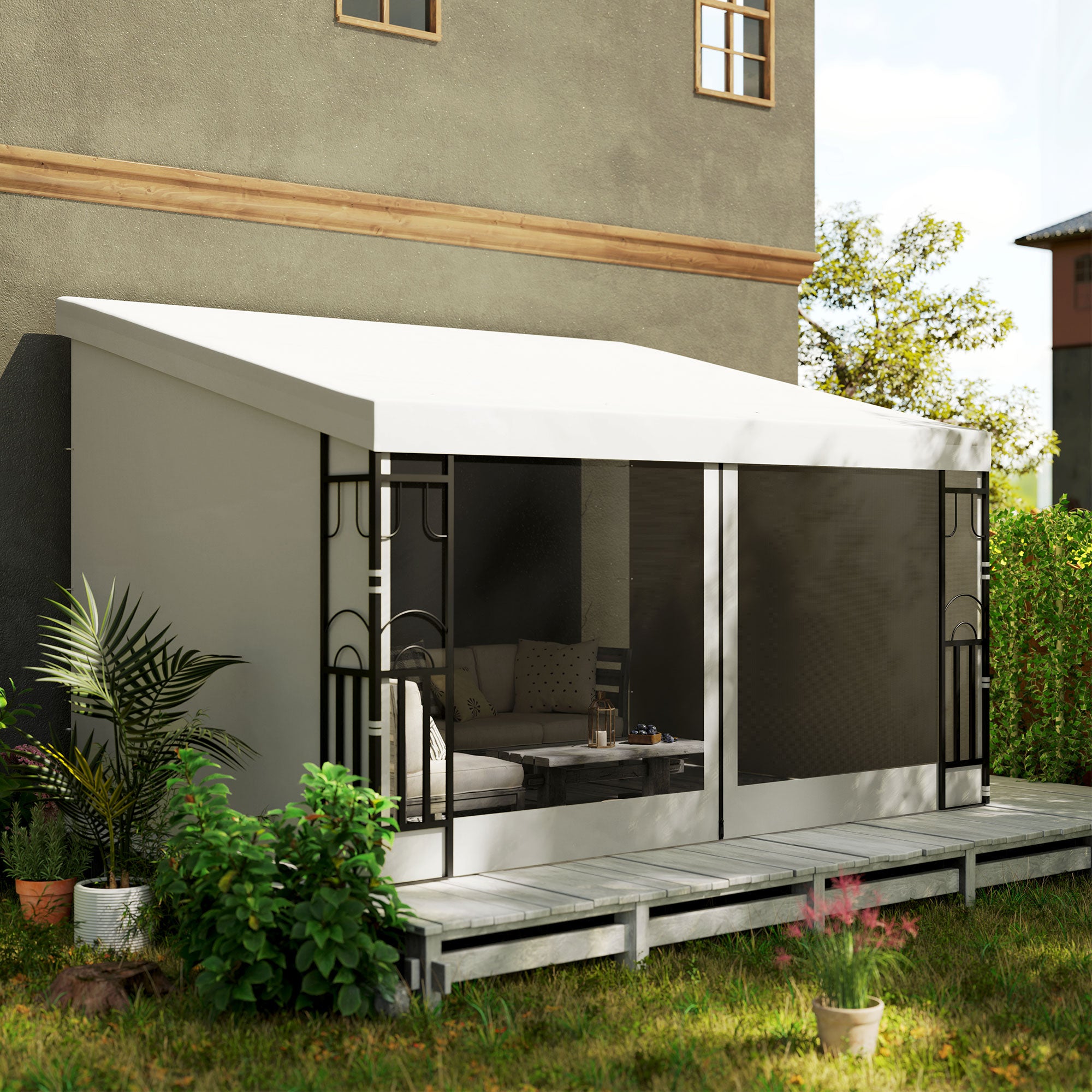 10' x 13' Wall Pergola - Beige Outdoor Gazebo with Netting-DECOROLALA