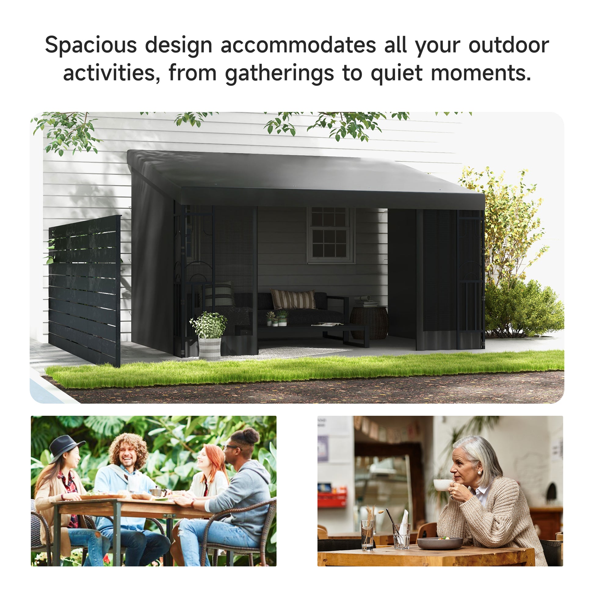 10' x 13' Wall Pergola - Dark Grey Gazebo with Netting-DECOROLALA