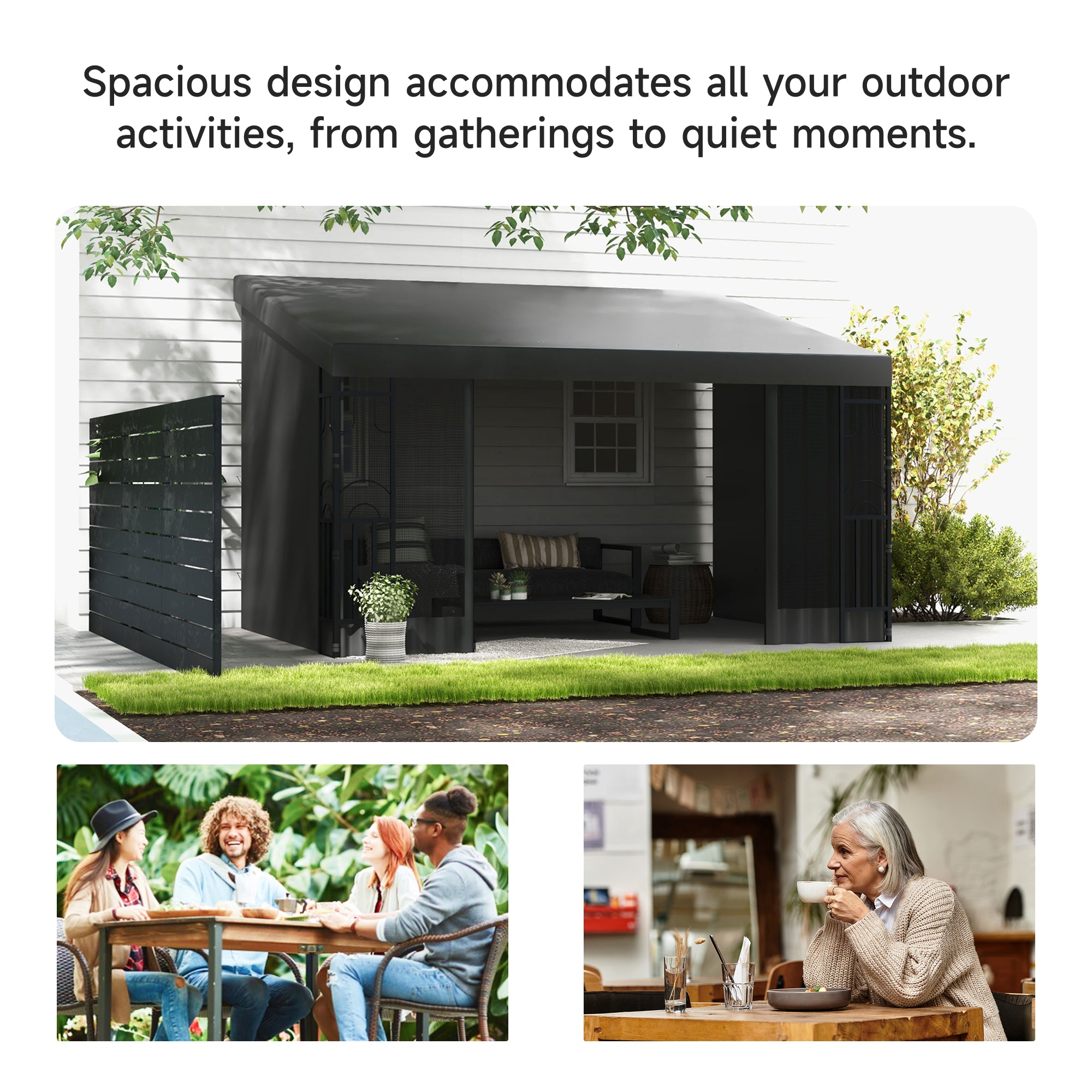10' x 13' Wall Pergola - Dark Grey Gazebo with Netting-DECOROLALA
