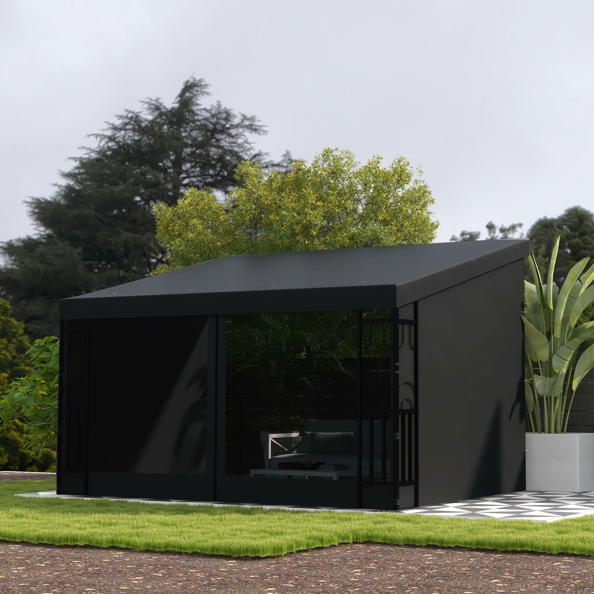 10' x 13' Wall Pergola - Dark Grey Gazebo with Netting-DECOROLALA