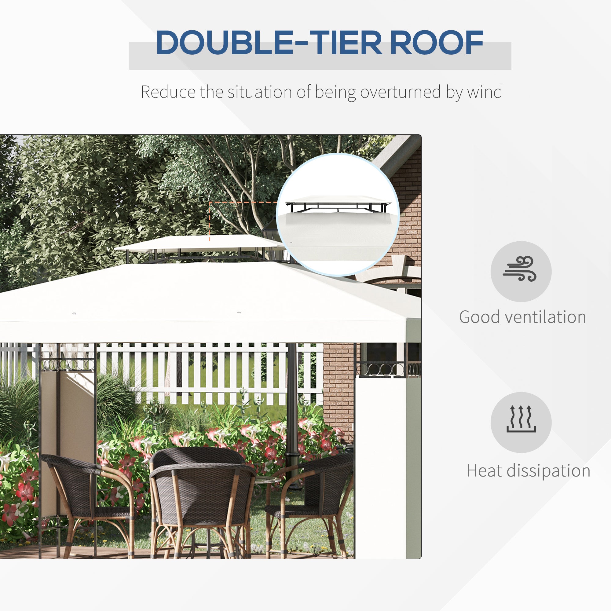10' x 13' White Outdoor Gazebo, Screened Patio Canopy Shelter, 2-Tier Roof-DECOROLALA