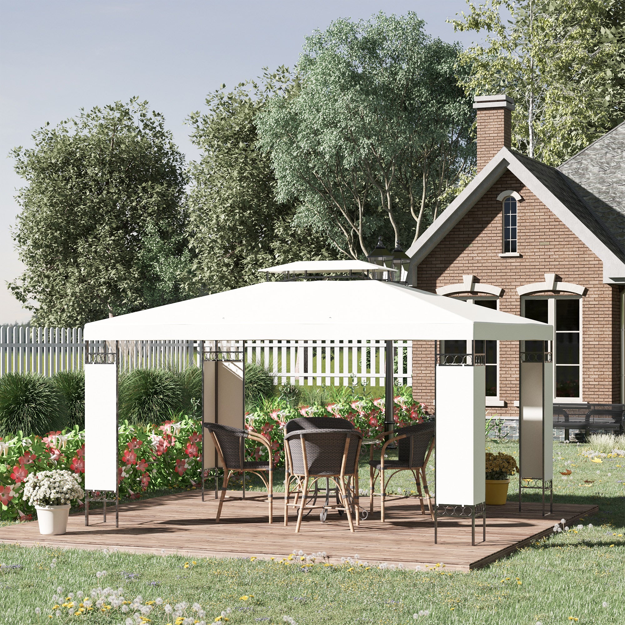 10' x 13' White Outdoor Gazebo, Screened Patio Canopy Shelter, 2-Tier Roof-DECOROLALA