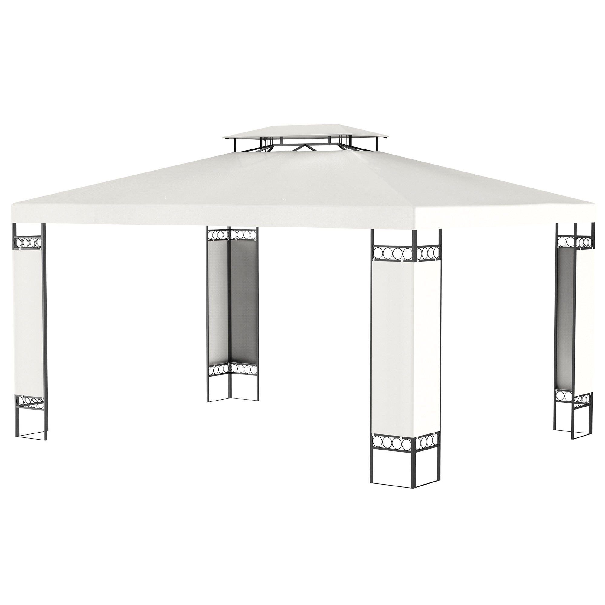 10' x 13' White Outdoor Gazebo, Screened Patio Canopy Shelter, 2-Tier Roof-DECOROLALA