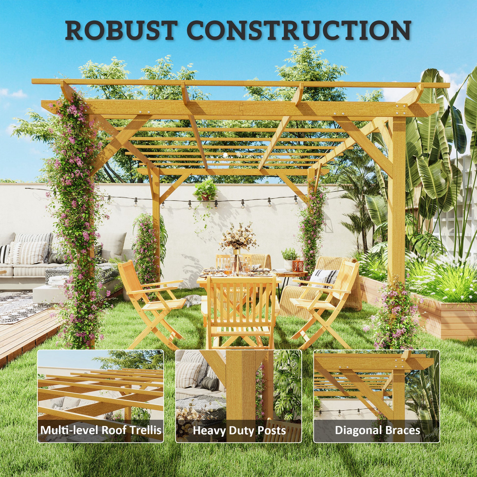 10' x 13' Wood Pergola - Natural Fir Wood Garden Gazebo-DECOROLALA