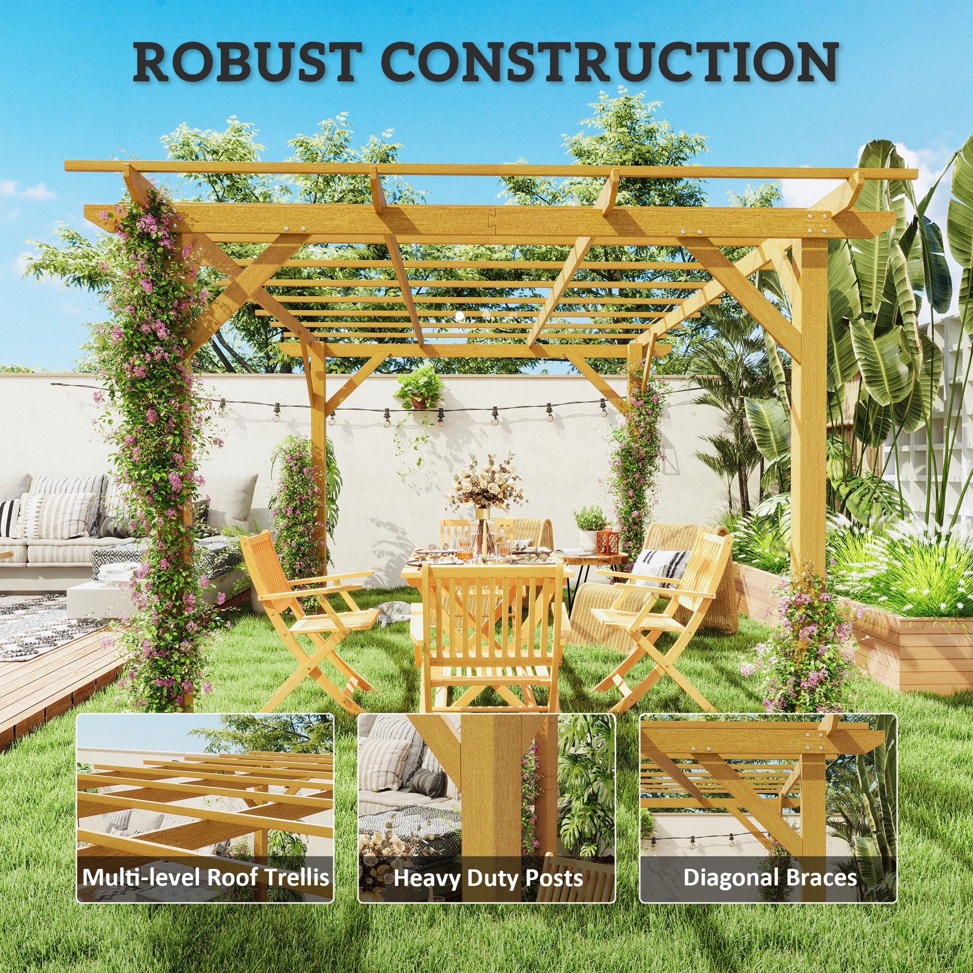 10' x 13' Wood Pergola - Natural Fir Wood Garden Gazebo-DECOROLALA