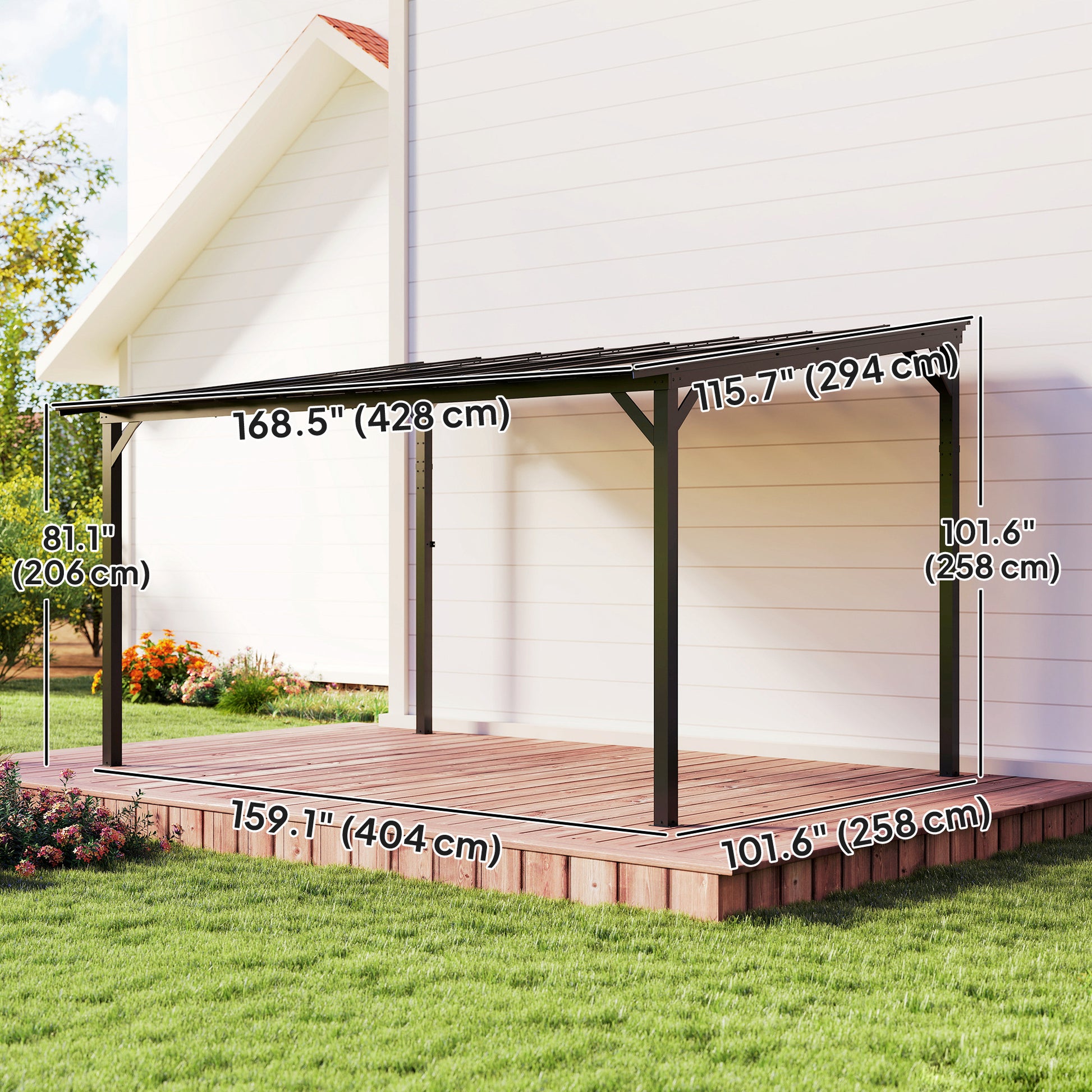 10' x 14' Hardtop Wall-Mounted Pergola - Dark Grey-DECOROLALA