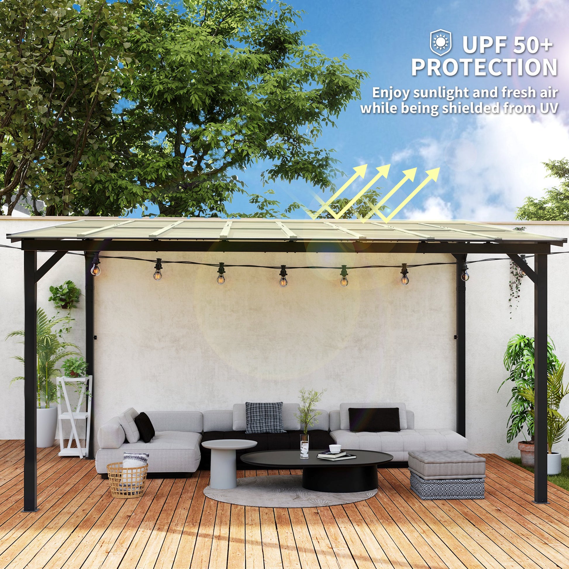 10' x 14' Hardtop Wall-Mounted Pergola - Dark Grey-DECOROLALA