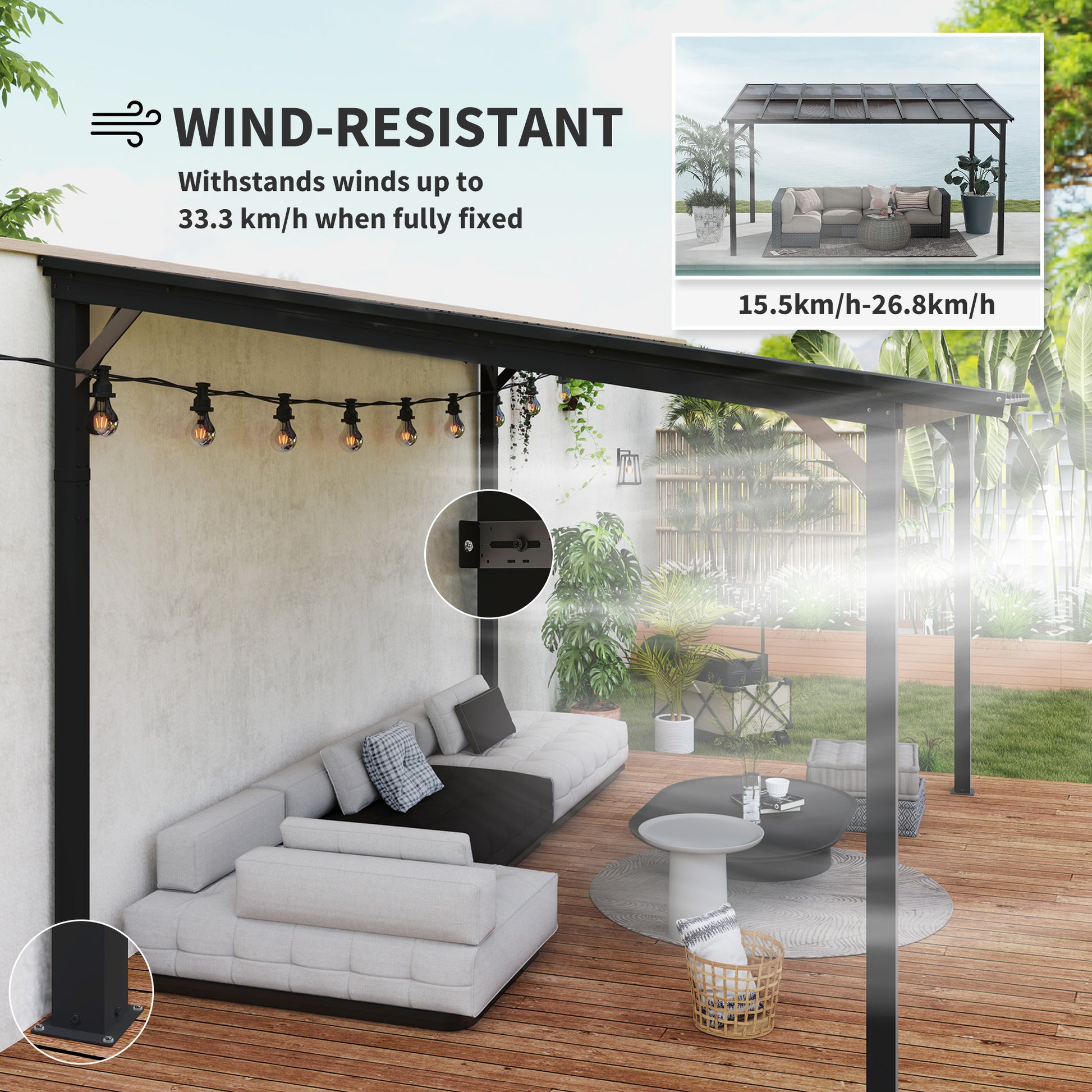 10' x 14' Hardtop Wall-Mounted Pergola - Dark Grey-DECOROLALA