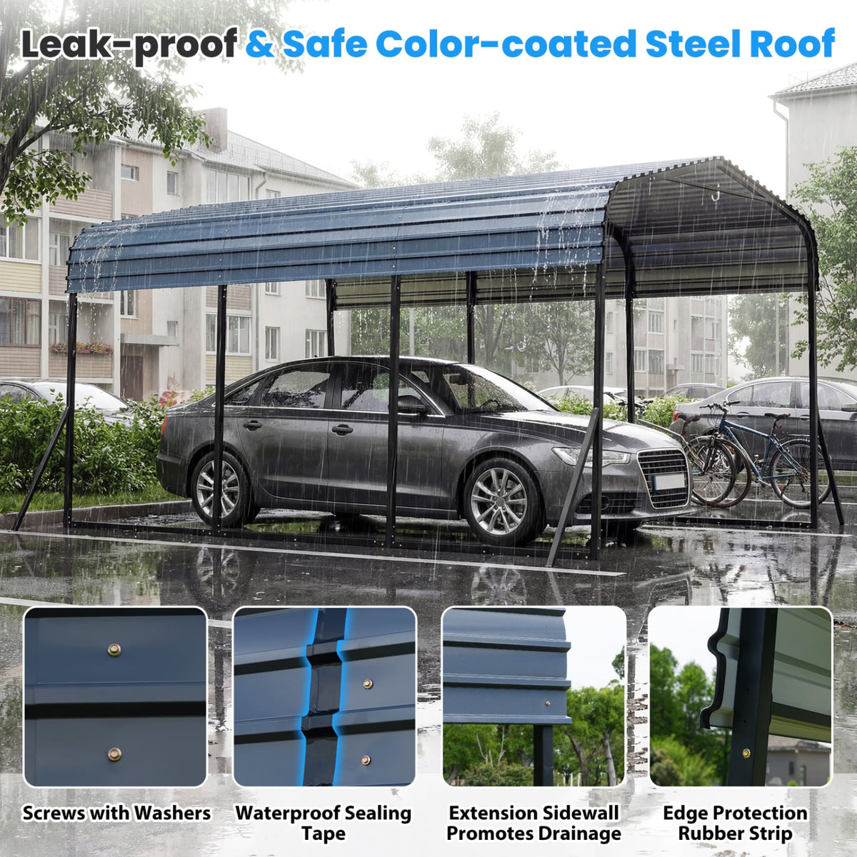 10 x 14.5 FT Heavy-Duty Carport Outdoor Galvanized Steel Garage Car Shelter with Leak-proof Roof-Black-Carports-DECOROLALA