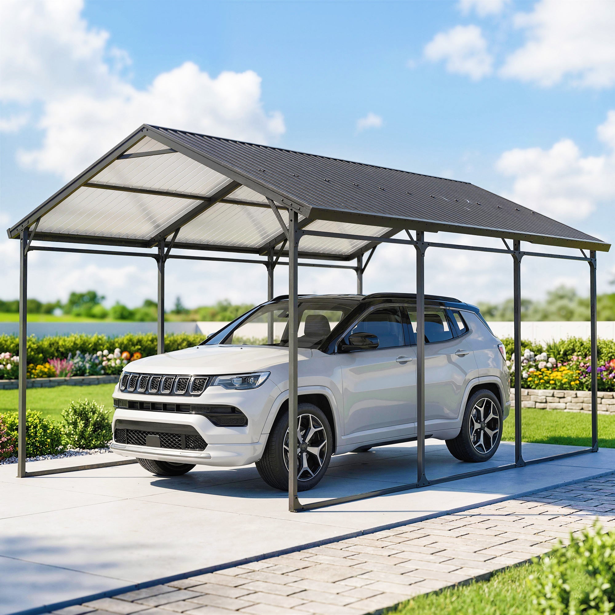 10 x 15ft Metal Carport - Dark Grey Heavy-Duty Steel Frame-Patio & Garden > Wedding & Events Tents > Car Shelters-DECOROLALA