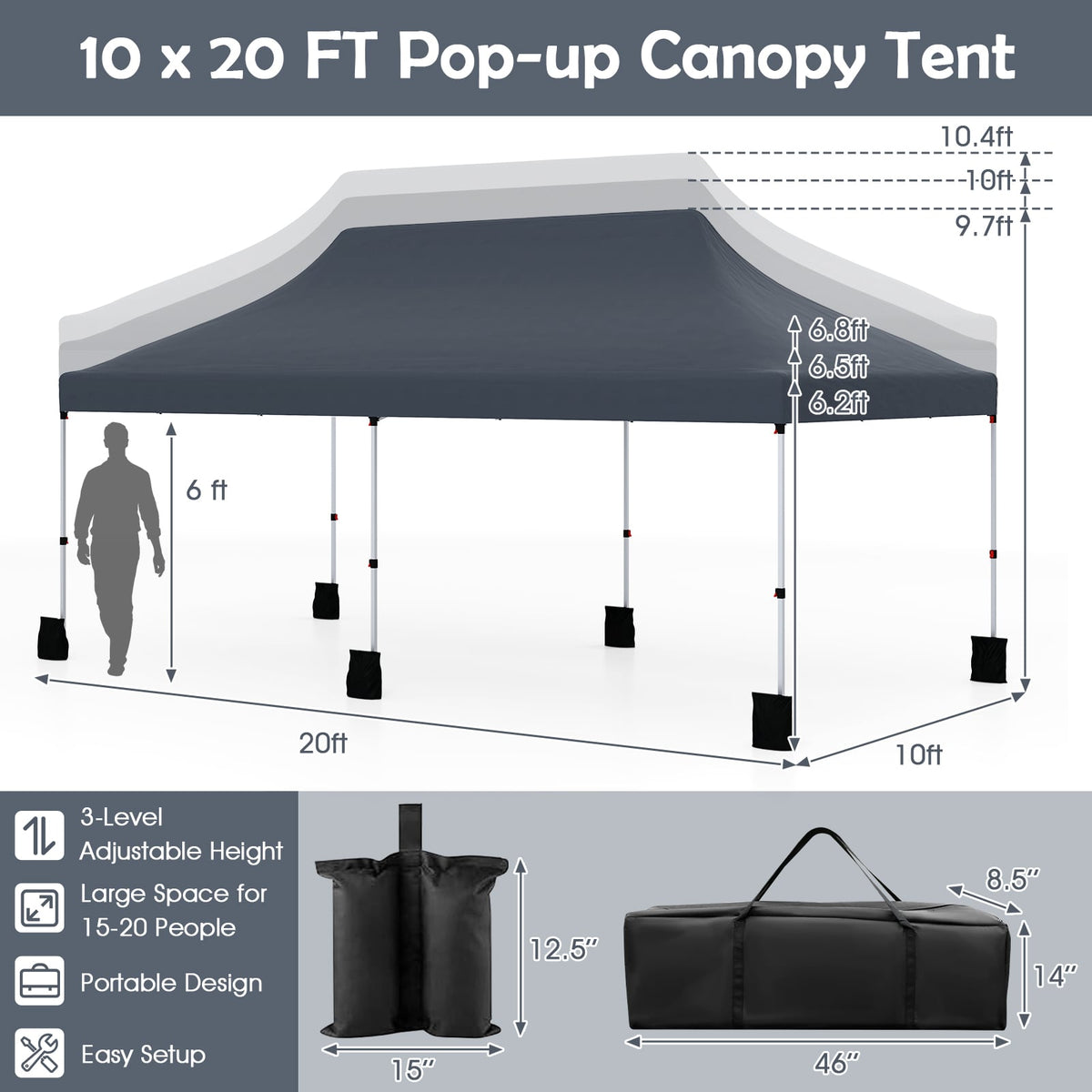 10 x 20 FT Pop up Canopy Tent Foldable Portable Outdoor Gazebo with Carry Bag-Black-Canopies-DECOROLALA