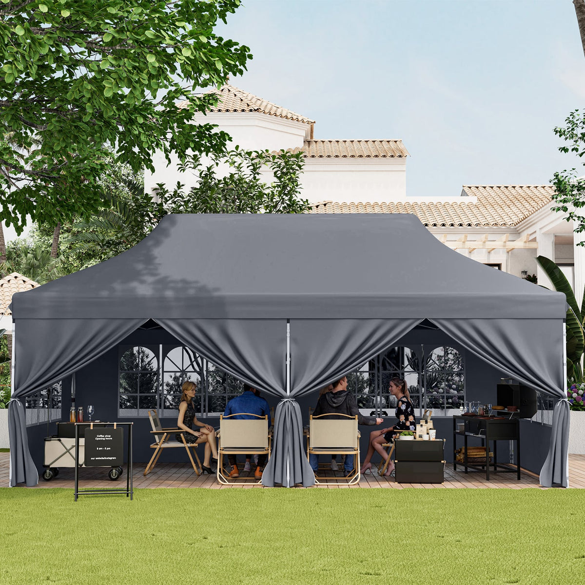 10 x 20 FT Pop up Canopy with 6 Sidewalls and Windows and Carrying Bag for Party Wedding Picnic-Gray-Canopies-DECOROLALA