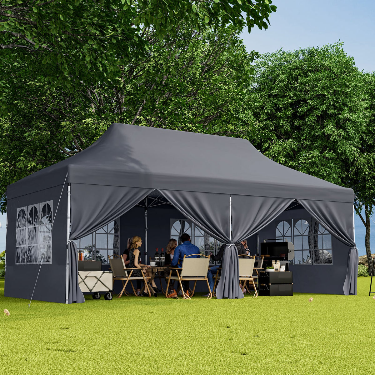 10 x 20 FT Pop up Canopy with 6 Sidewalls and Windows and Carrying Bag for Party Wedding Picnic-Gray-Canopies-DECOROLALA