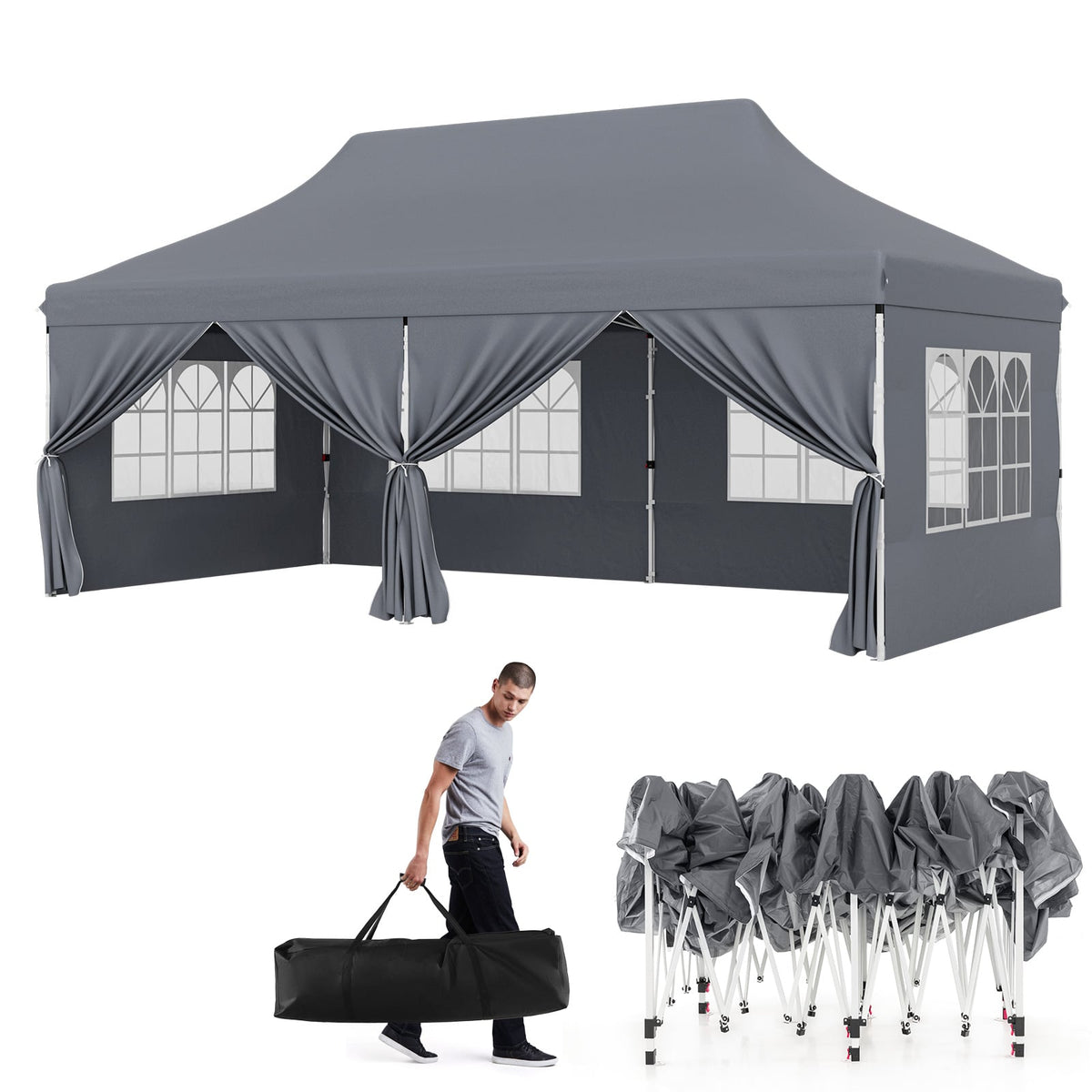 10 x 20 FT Pop up Canopy with 6 Sidewalls and Windows and Carrying Bag for Party Wedding Picnic-Gray-Canopies-DECOROLALA