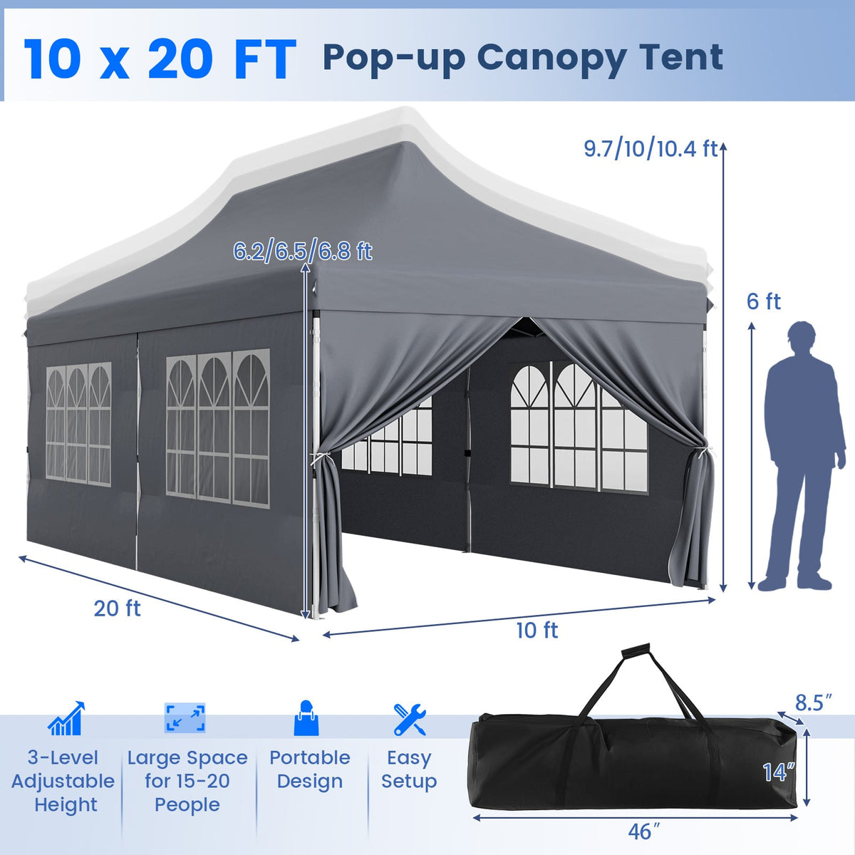 10 x 20 FT Pop up Canopy with 6 Sidewalls and Windows and Carrying Bag for Party Wedding Picnic-Gray-Canopies-DECOROLALA