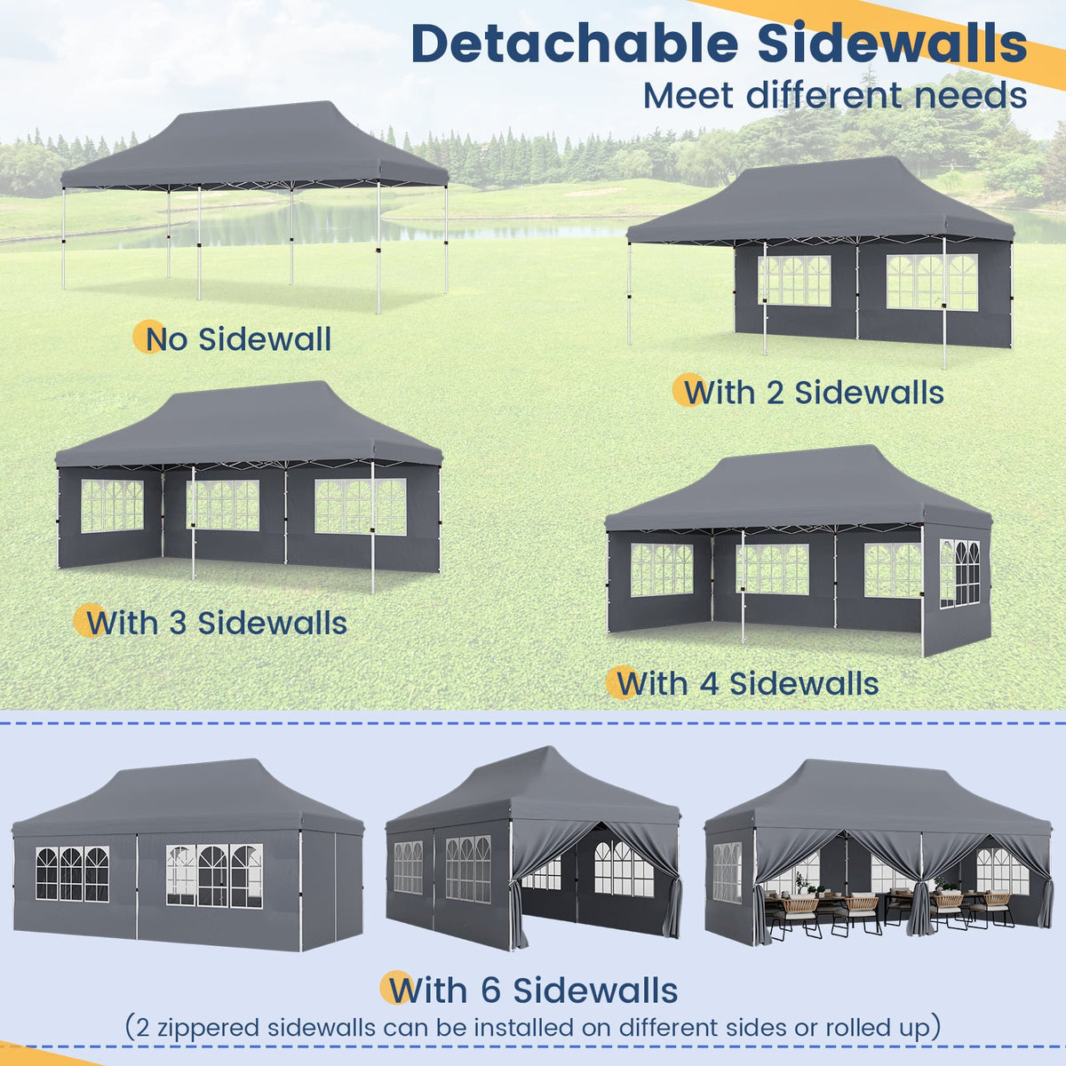 10 x 20 FT Pop up Canopy with 6 Sidewalls and Windows and Carrying Bag for Party Wedding Picnic-Gray-Canopies-DECOROLALA