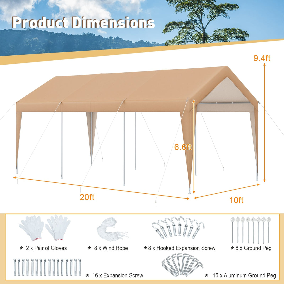 10 x 20 Feet Patio Heavy Duty All-Weather Carport-without Sidewall-Carports-DECOROLALA