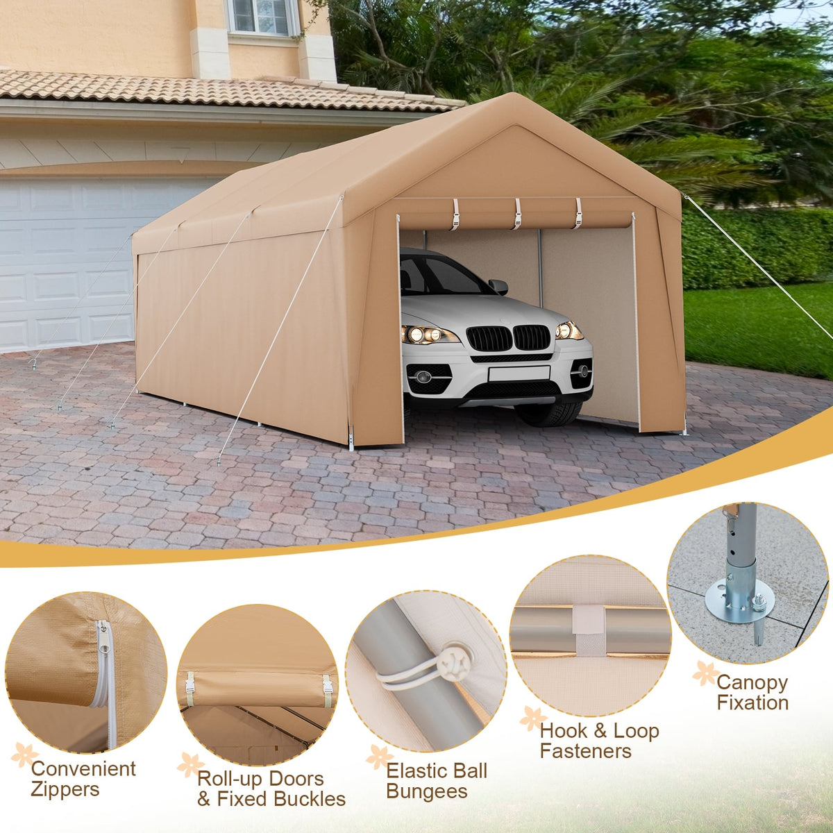 10 x 20 Feet Portable Garage Tent Carport with Galvanized Steel Frame-with Sidewall-Carports-DECOROLALA