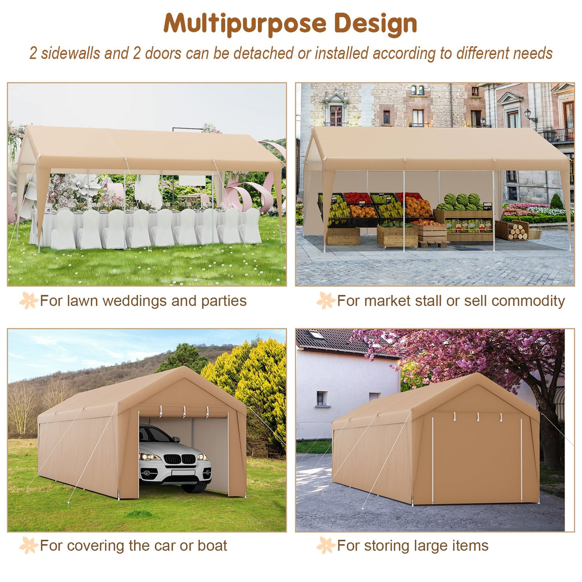 10 x 20 Feet Portable Garage Tent Carport with Galvanized Steel Frame-with Sidewall-Carports-DECOROLALA