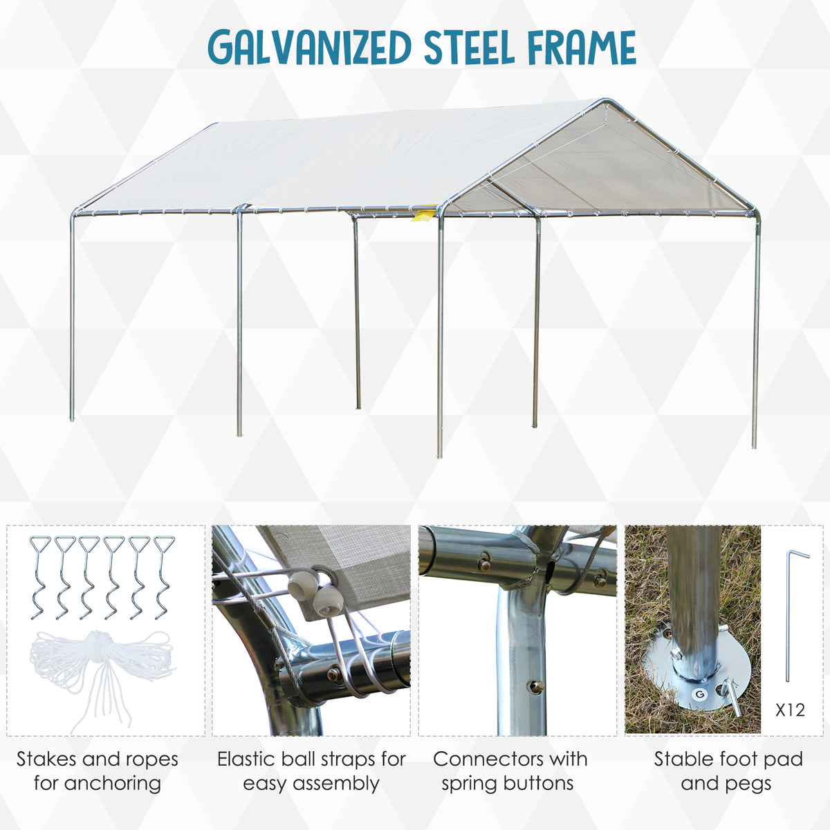 10' x 20' Heavy Duty Galvanized Carport Canopy - White-DECOROLALA