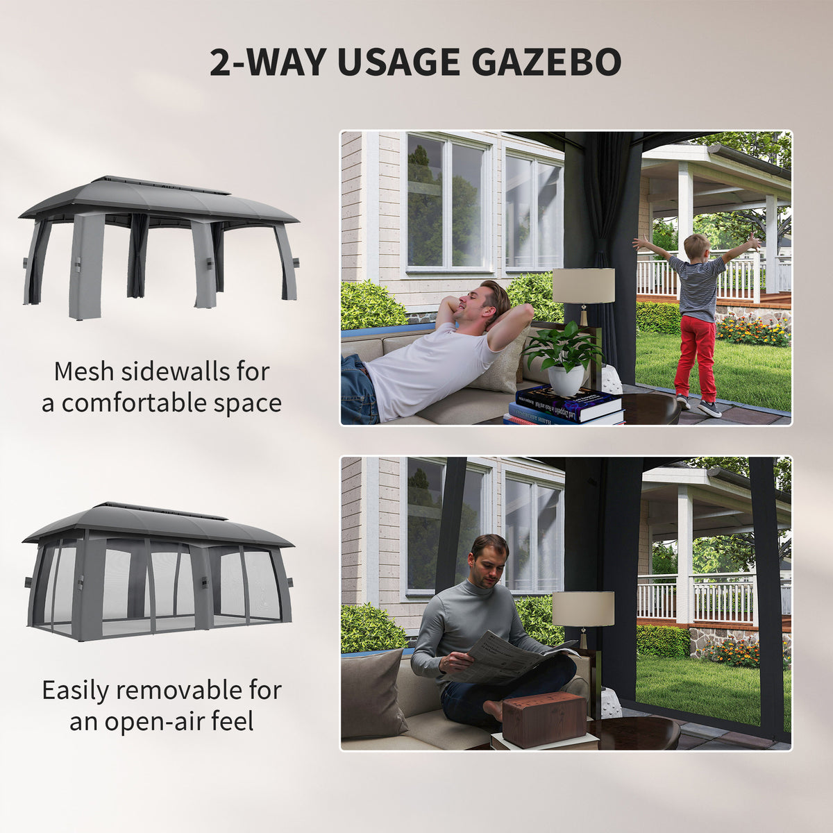 10' x 20' Patio Gazebo with Netting - Dark Grey-Gazebos-DECOROLALA