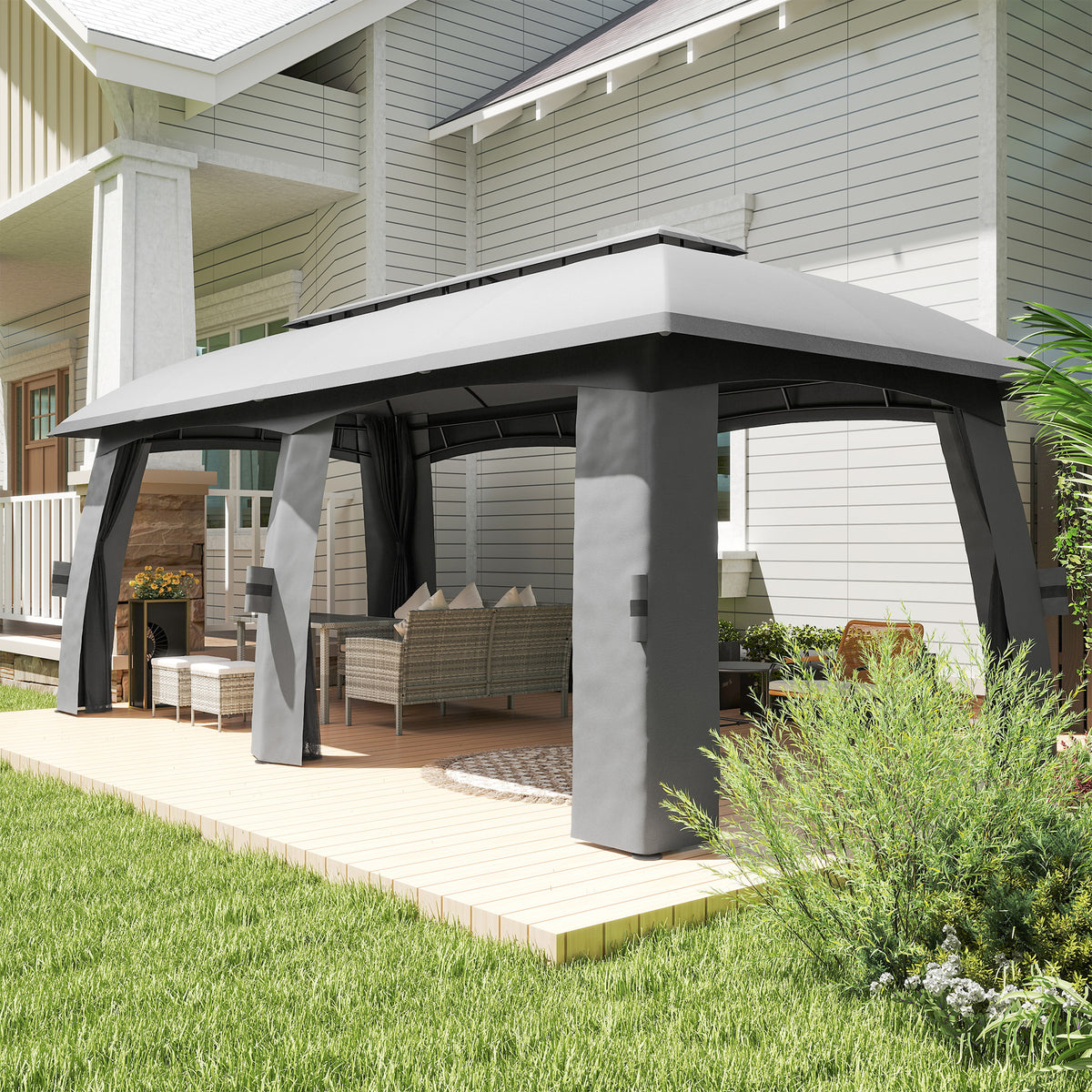 10' x 20' Patio Gazebo with Netting - Dark Grey-Gazebos-DECOROLALA