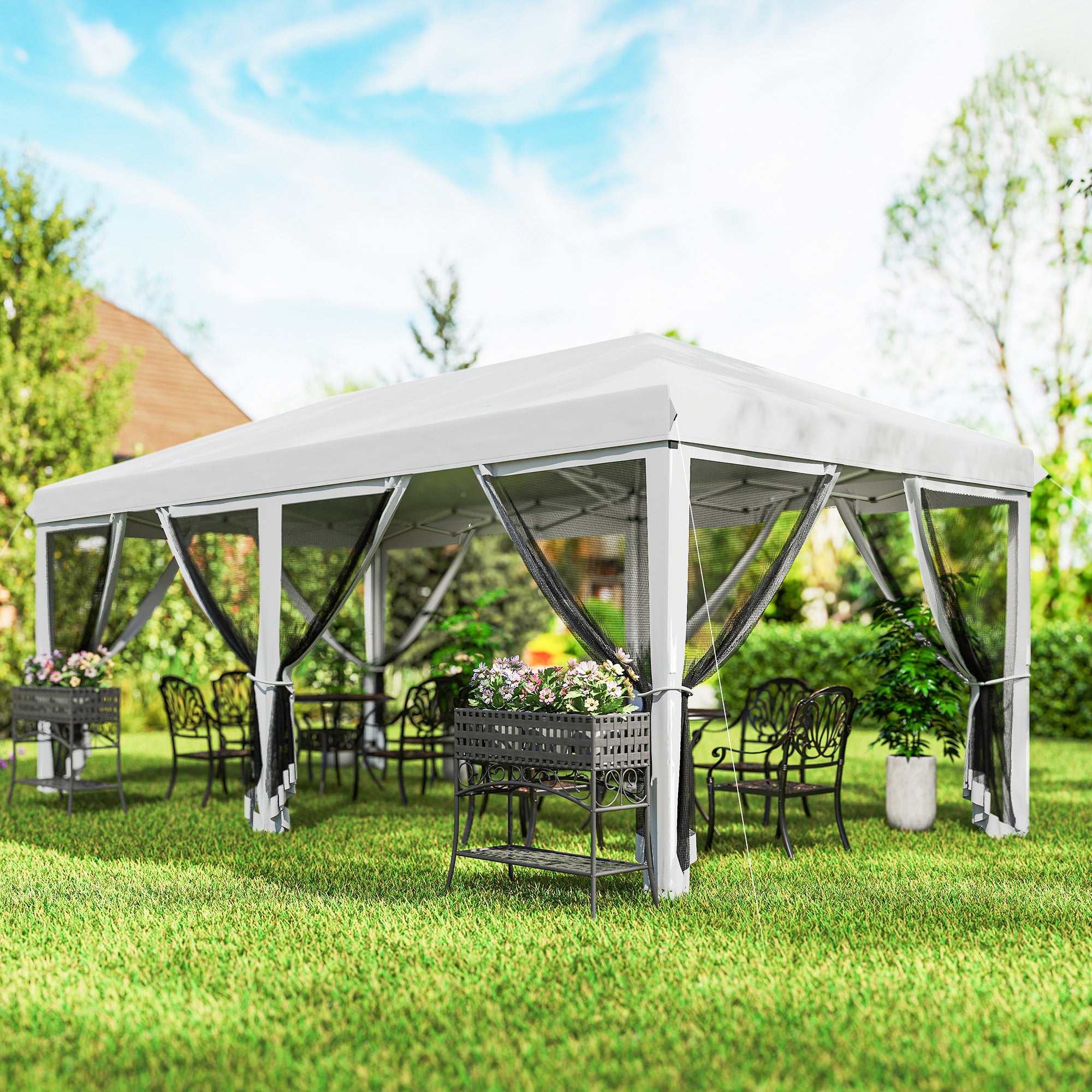 10' x 20' Pop Up Canopy Tent with Mesh Sidewalls - White-DECOROLALA