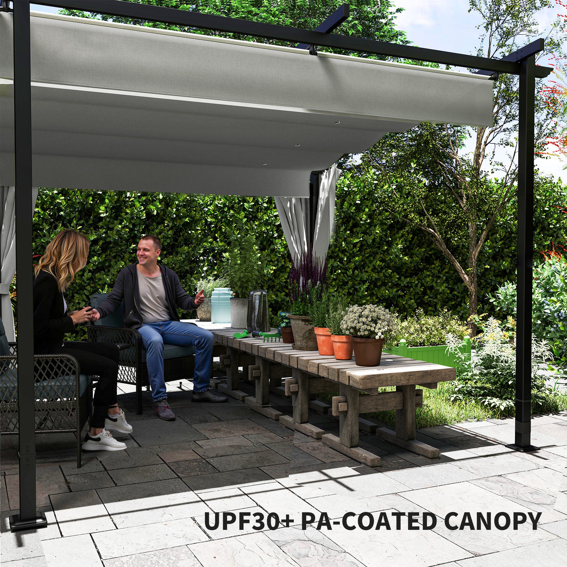 10' x 20' Retractable Pergola with Curtains - Dark Gray-DECOROLALA