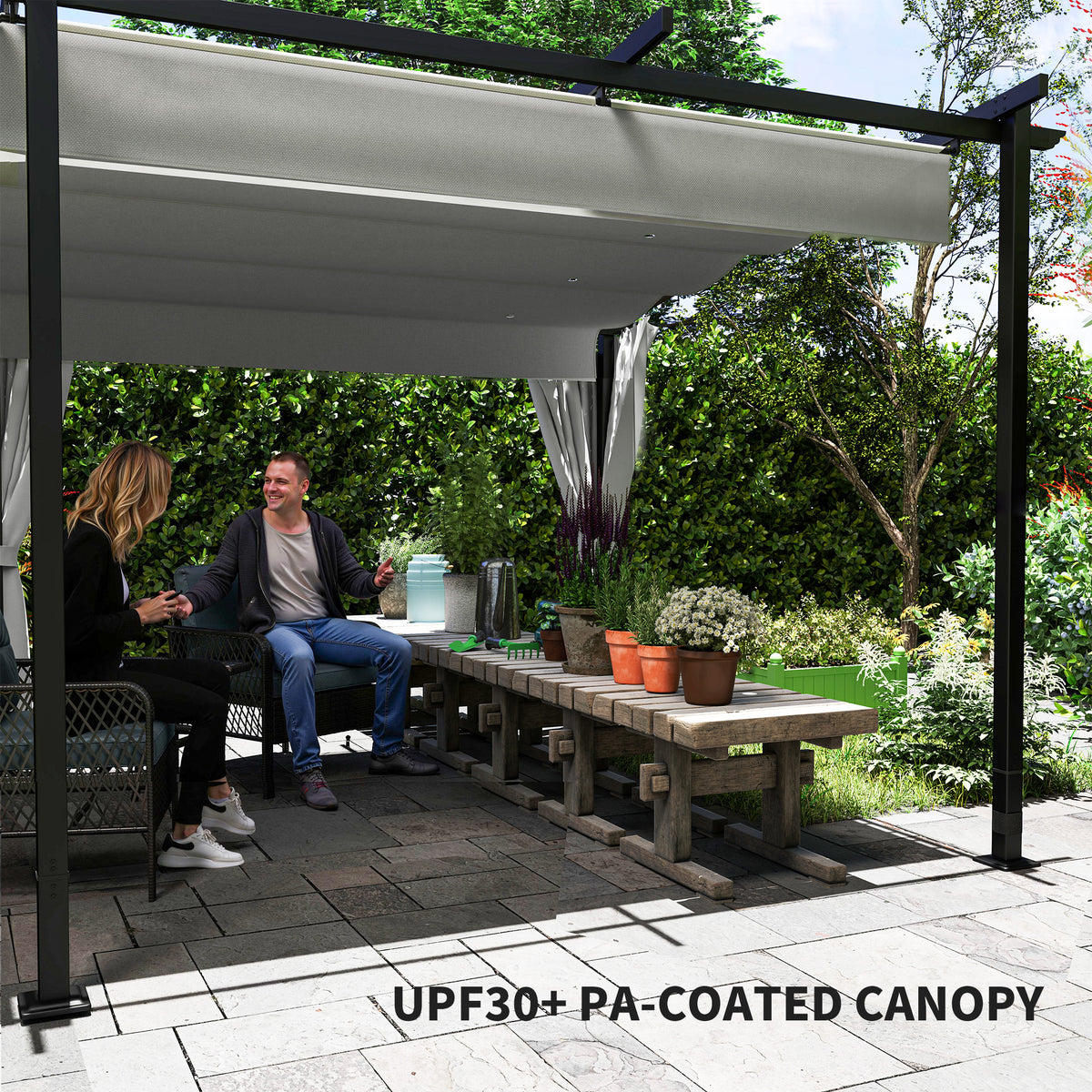 10' x 20' Retractable Pergola with Curtains - Dark Gray-DECOROLALA