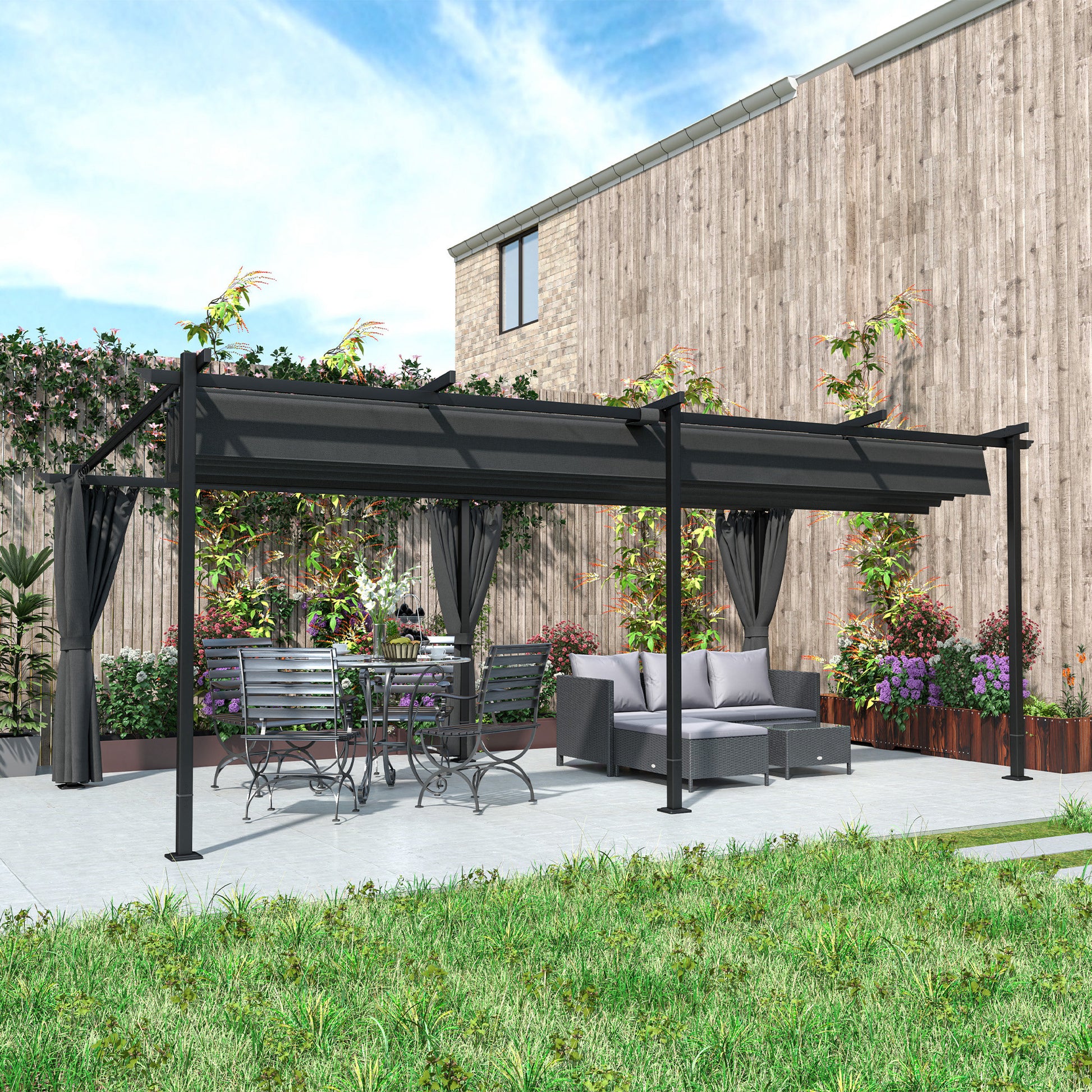 10' x 20' Retractable Pergola with Curtains - Dark Gray-DECOROLALA