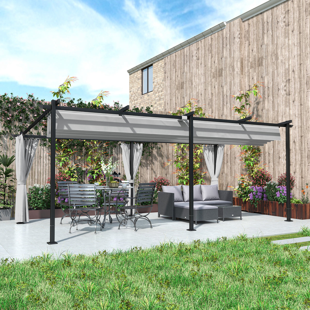 10' x 20' Retractable Pergola with Curtains - Dark Gray-DECOROLALA