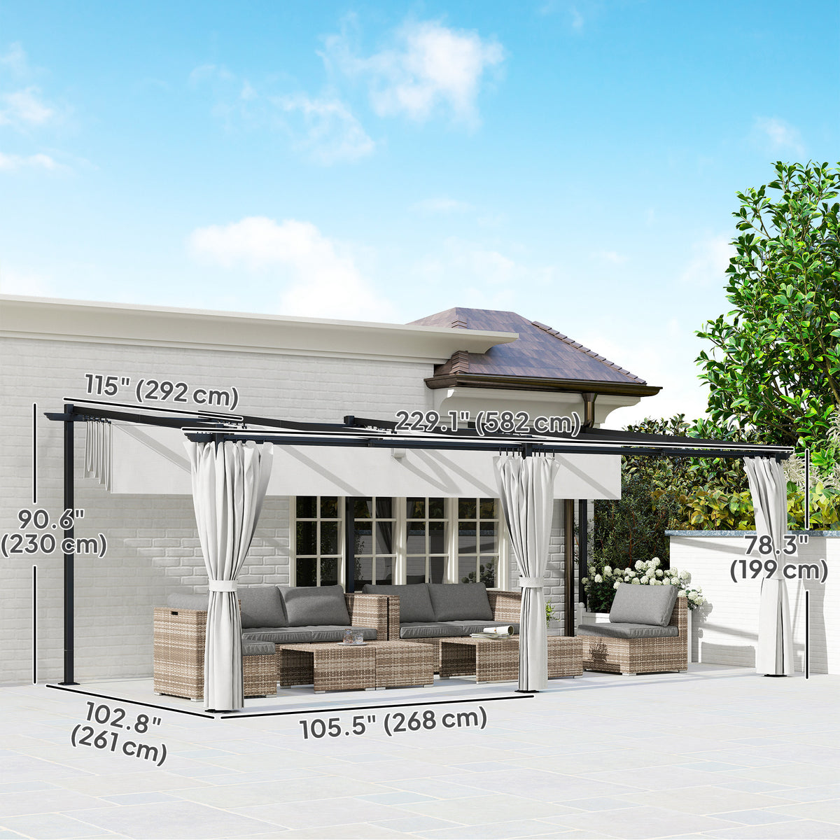 10' x 20' Retractable Pergola with Curtains - Dark Gray-DECOROLALA