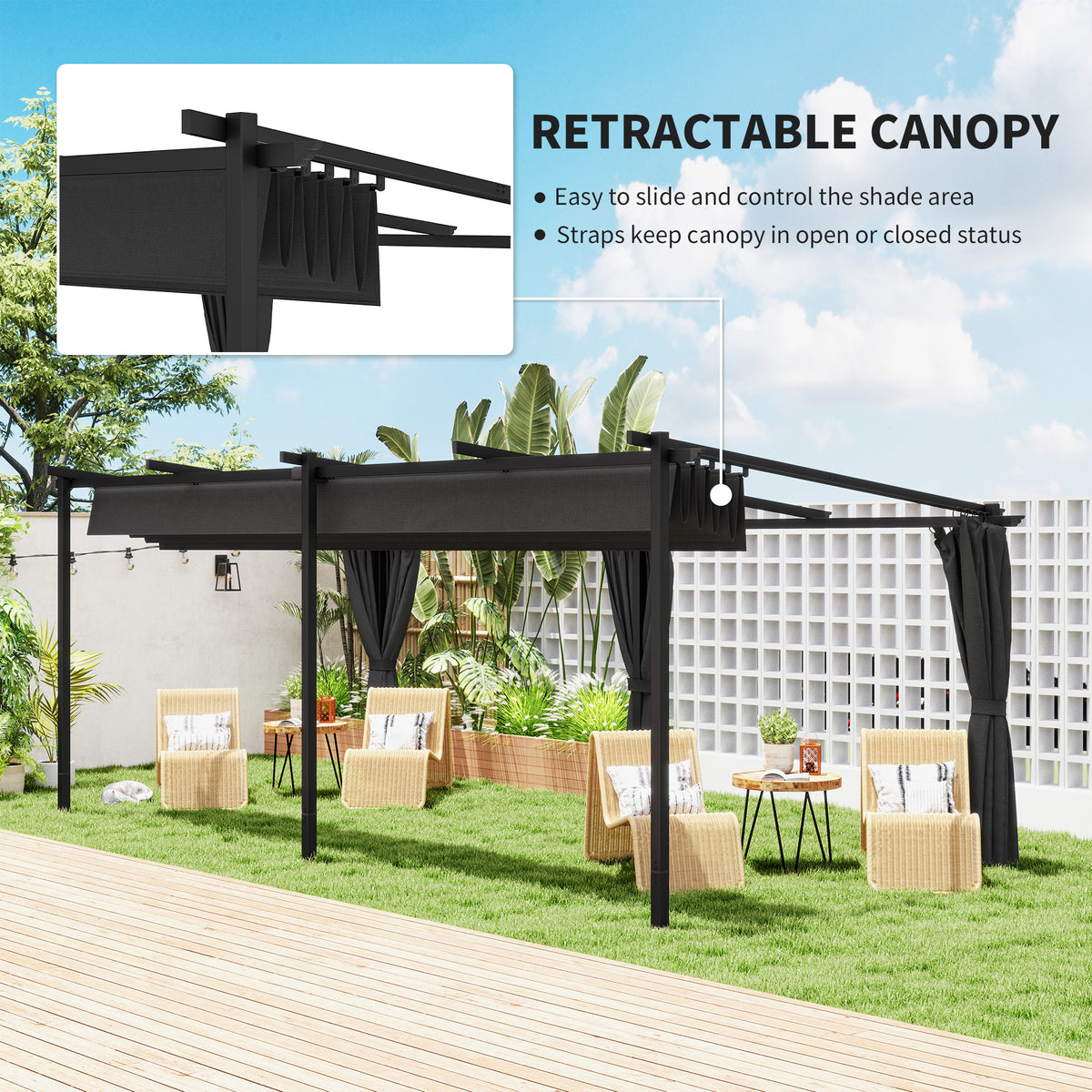 10' x 20' Retractable Pergola with Curtains - Dark Gray-DECOROLALA