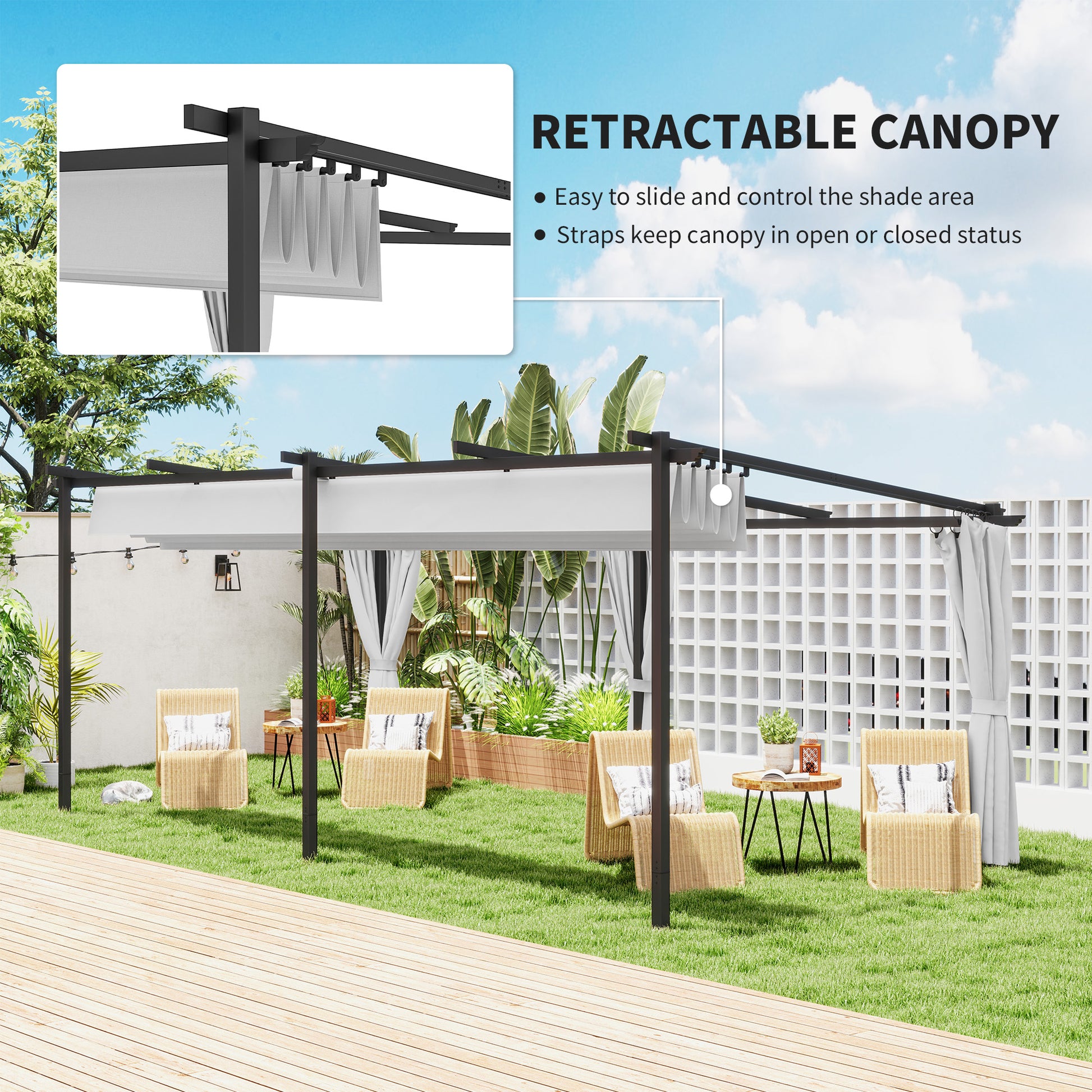 10' x 20' Retractable Pergola with Curtains - Dark Gray-DECOROLALA